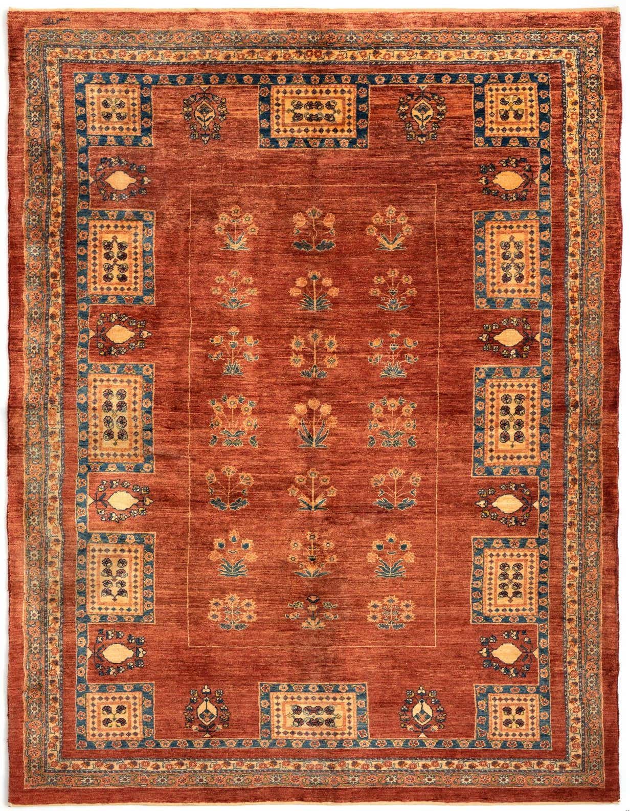 A 5x8 rectangular Persian rug with a rich red field and intricate floral and geometric patterns in blue and gold.