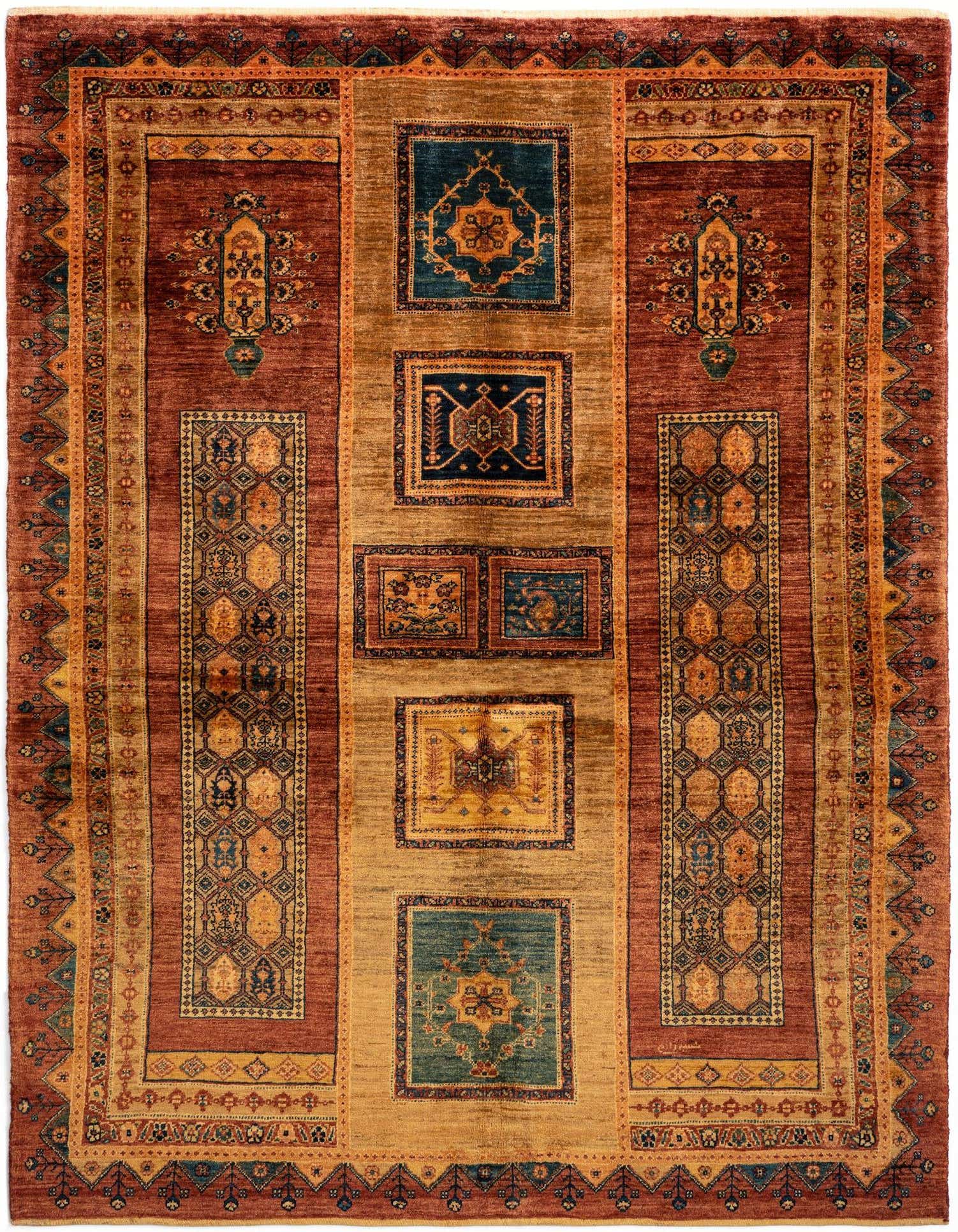 A 4x6 rectangular Persian rug featuring a rich red field with gold and teal accents, showcasing intricate geometric and medallion patterns.