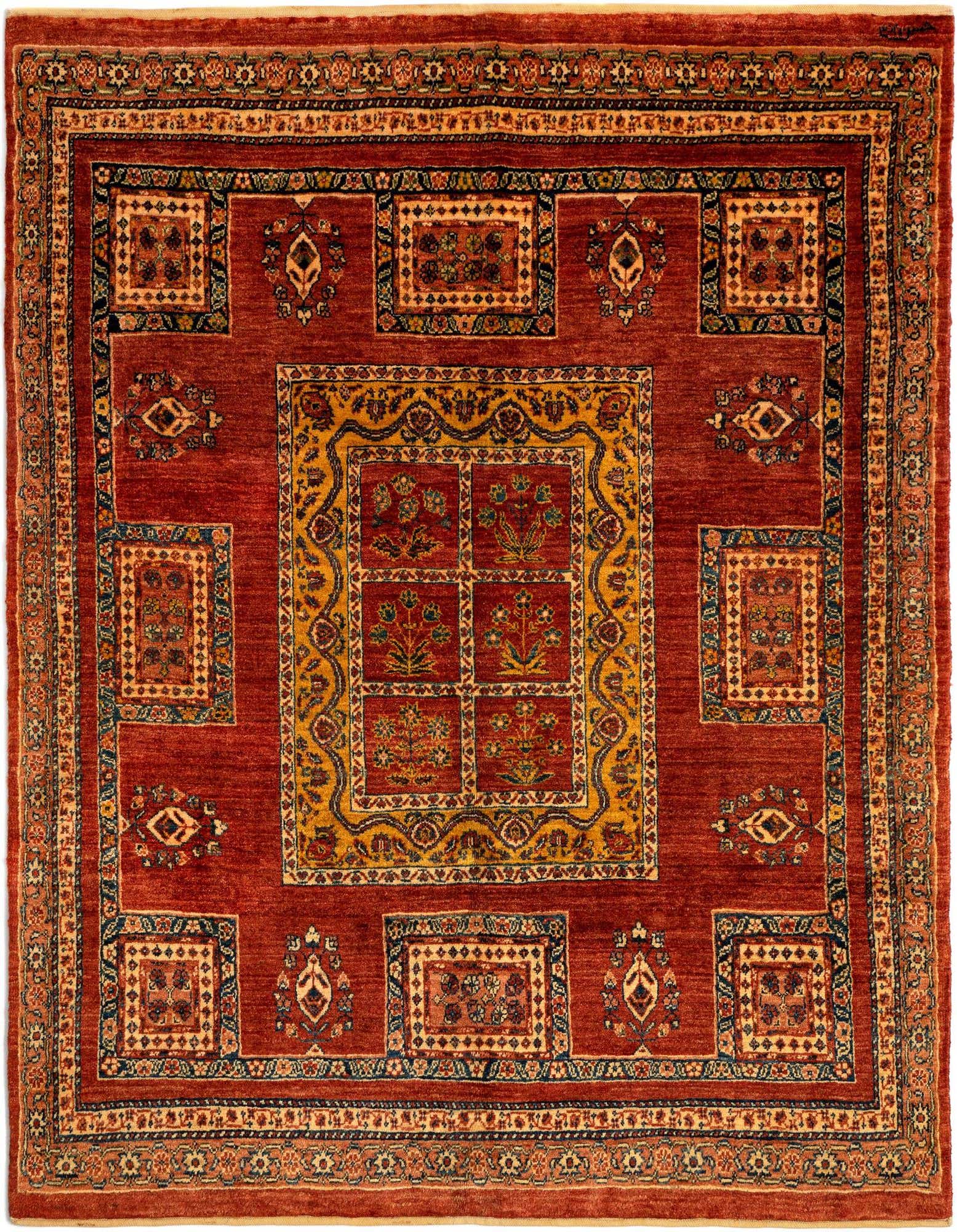 A 4x6 rectangular red Persian wool rug with a central gold medallion and intricate floral patterns.