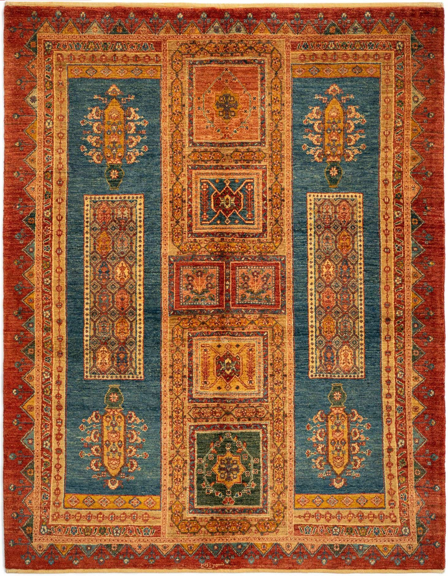 A 4x6 rectangular Persian rug with a rich red border and a central blue field featuring intricate traditional patterns in orange, gold, and teal.