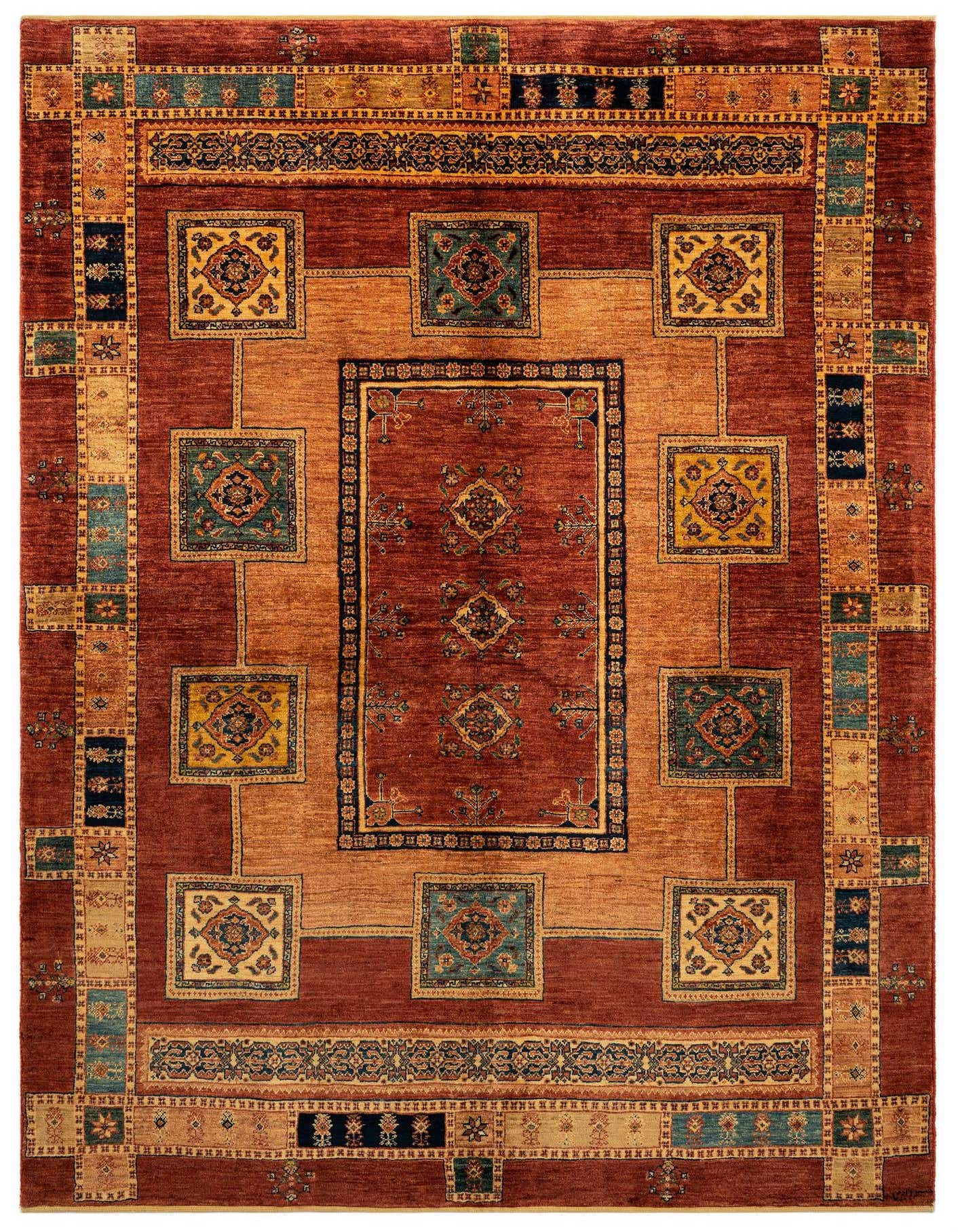 A 5x8 rectangular Luribaft Persian rug featuring a rich red and gold geometric pattern with intricate floral medallions and a detailed border, suitable for various indoor rooms.