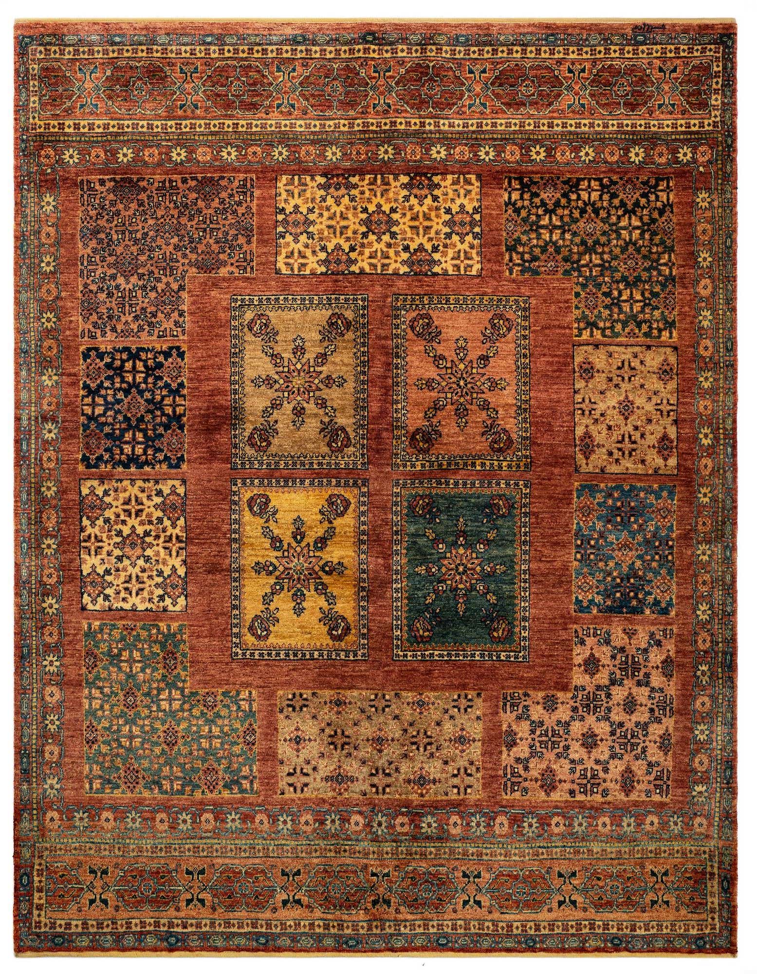A 5x8 rectangular Luribaft Persian rug with a red field and a patchwork of gold, blue, and teal traditional patterns.