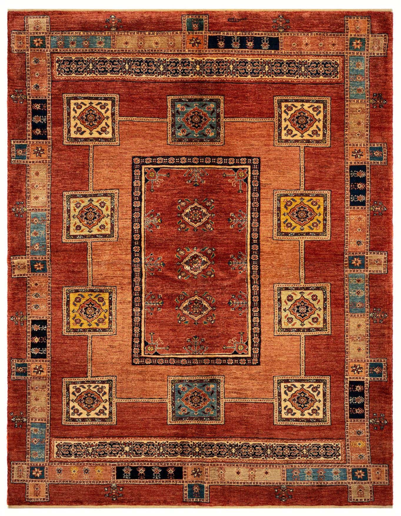 A 5x8 rectangular Persian rug in shades of red, featuring intricate traditional patterns and decorative borders.