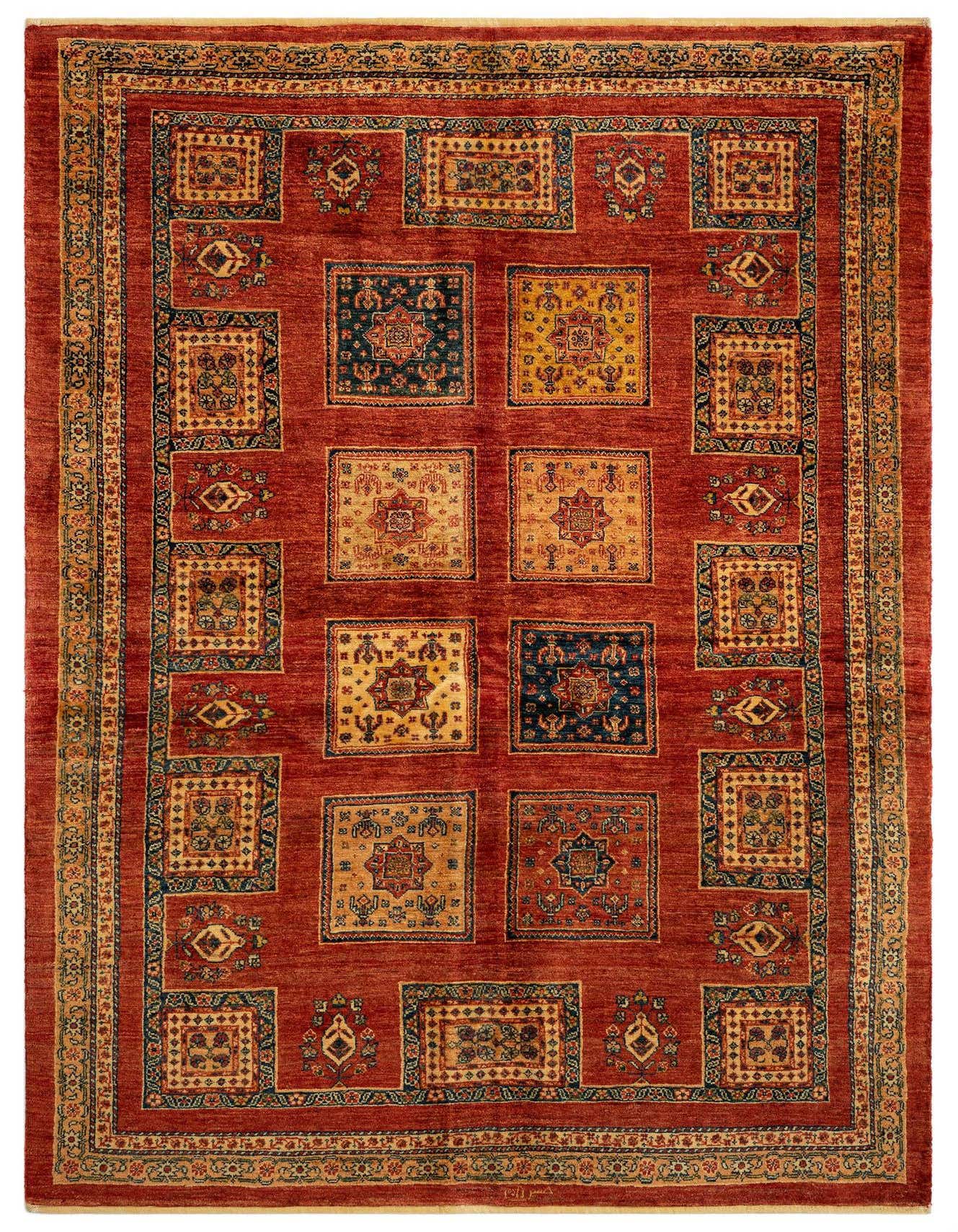 A 5x8 rectangular red Persian wool rug featuring a grid of intricate square motifs in gold, blue, and red, with a detailed border.