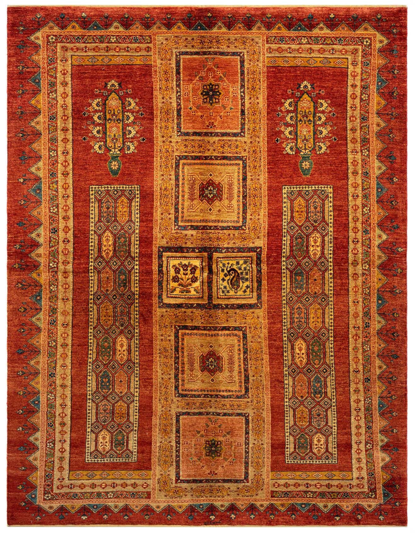 A 5x8 rectangular Luribaft Persian rug with a rich red field and intricate gold, blue, and green traditional patterns.