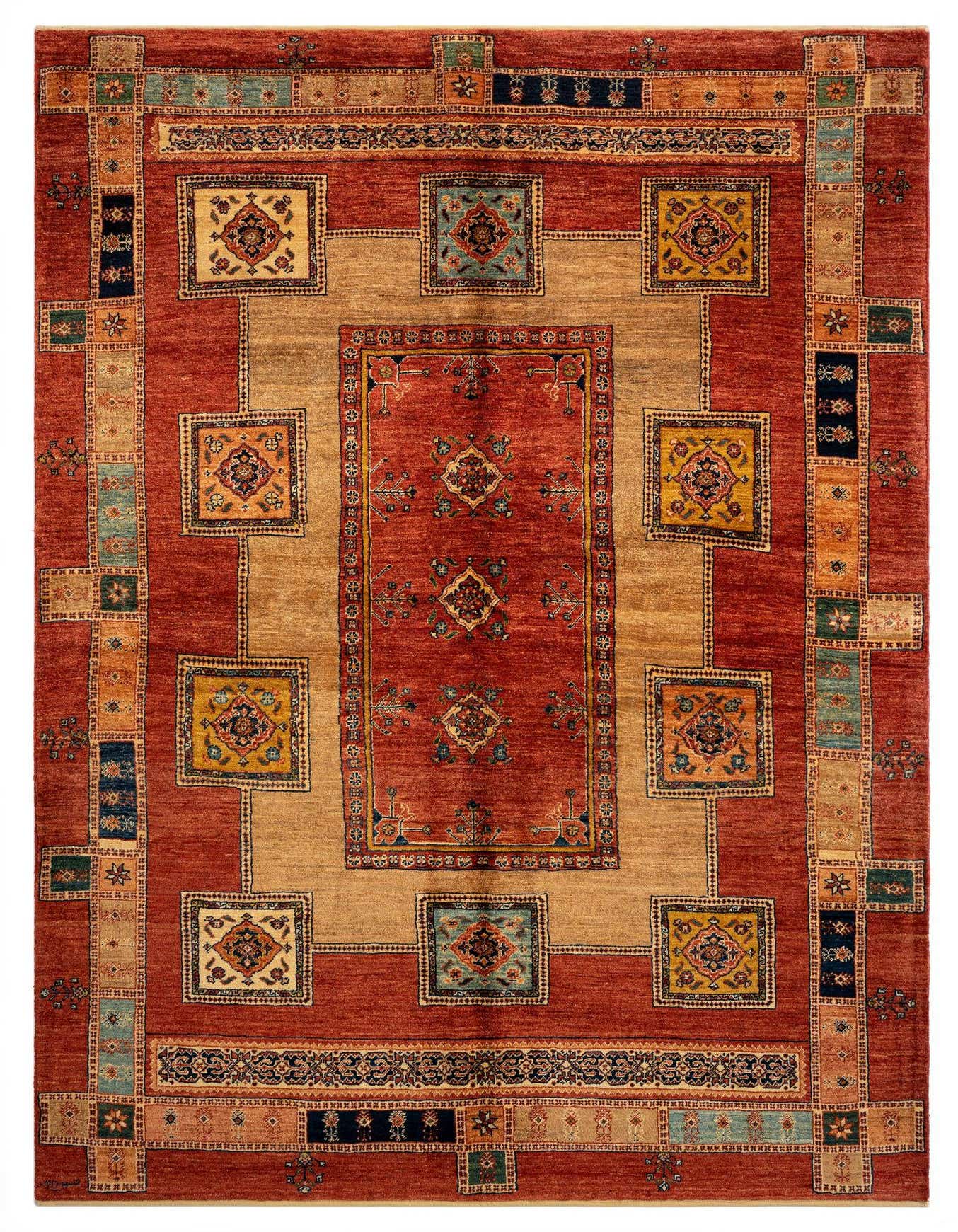 A 5x8 rectangular red Persian wool rug with a complex traditional pattern, featuring a tan central border and colorful square motifs.