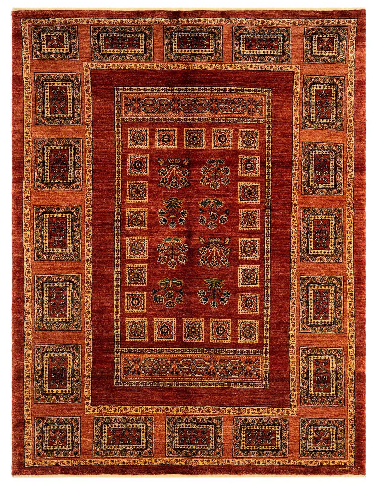 A 5x8 rectangular Luribaft Persian rug in rich reds, featuring intricate traditional patterns and a decorative border.