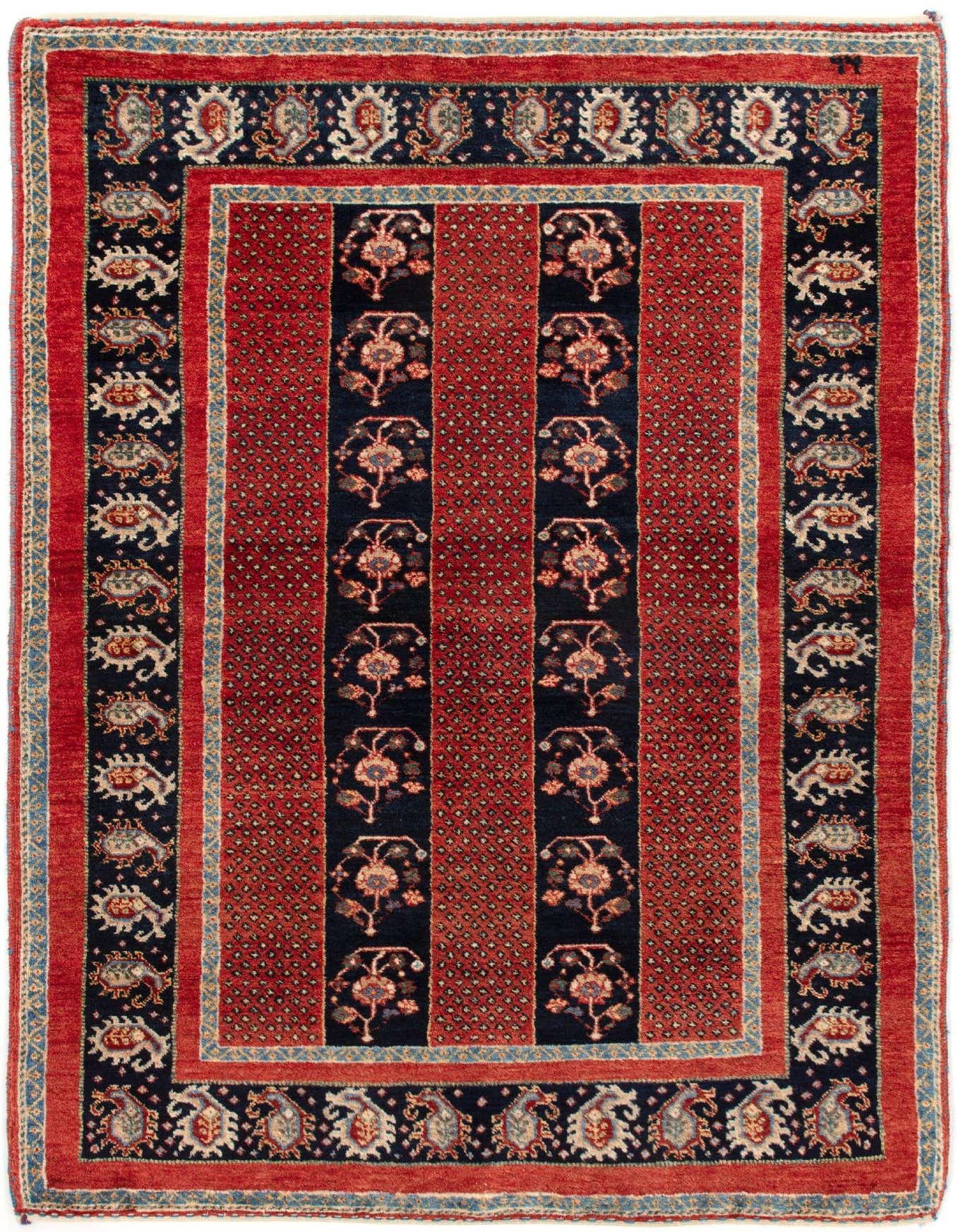 A 3x5 rectangular red Persian rug with a dark blue border featuring intricate floral and paisley patterns.