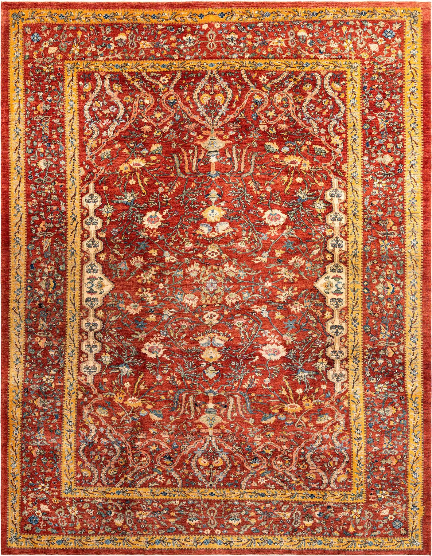 Handmade rectangular Persian rug in deep red with intricate floral and vine patterns in gold, blue, and cream.