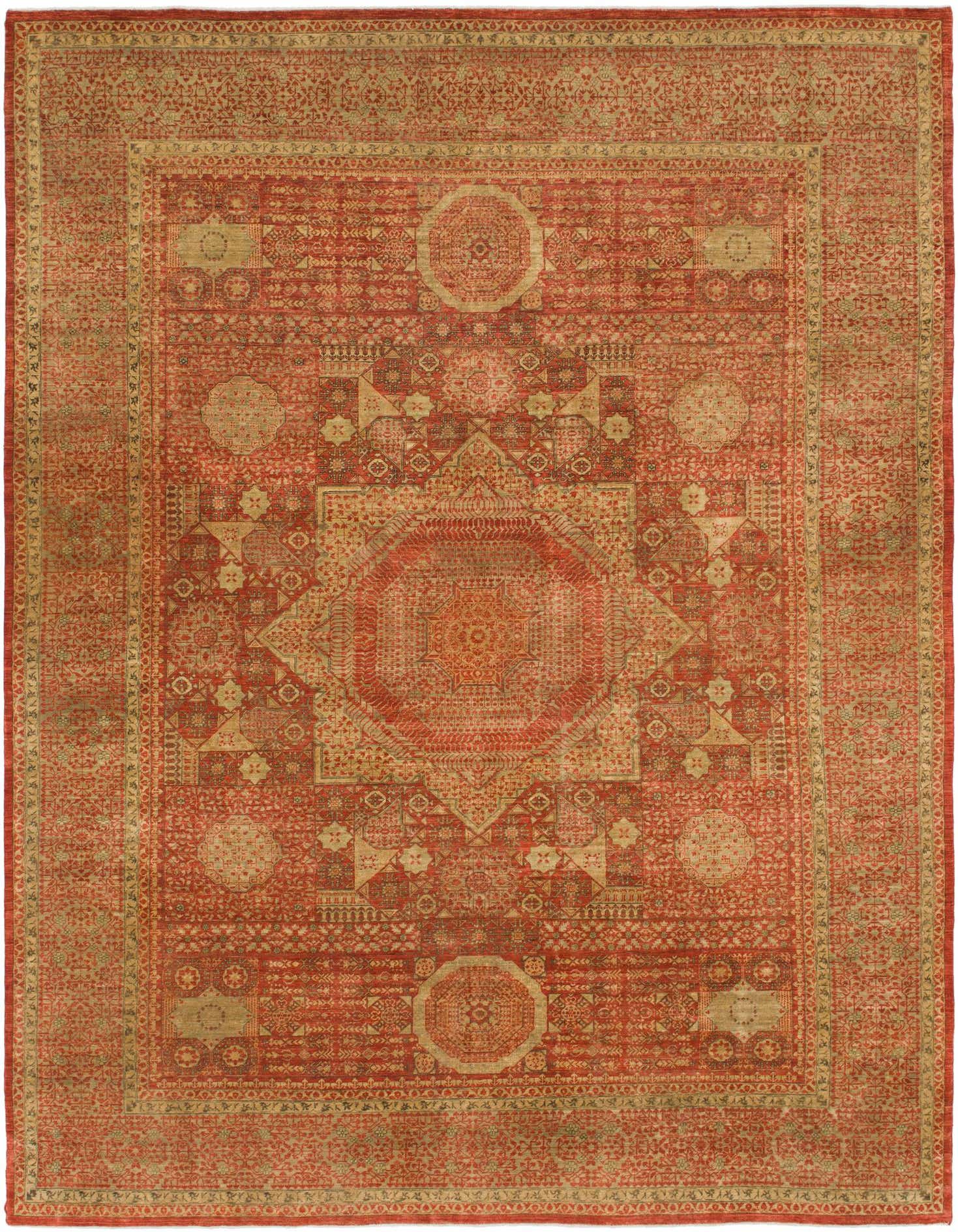 A 9x12 rectangular Mamluk Ziegler rug featuring a central medallion and intricate tribal patterns in various shades of red and gold.