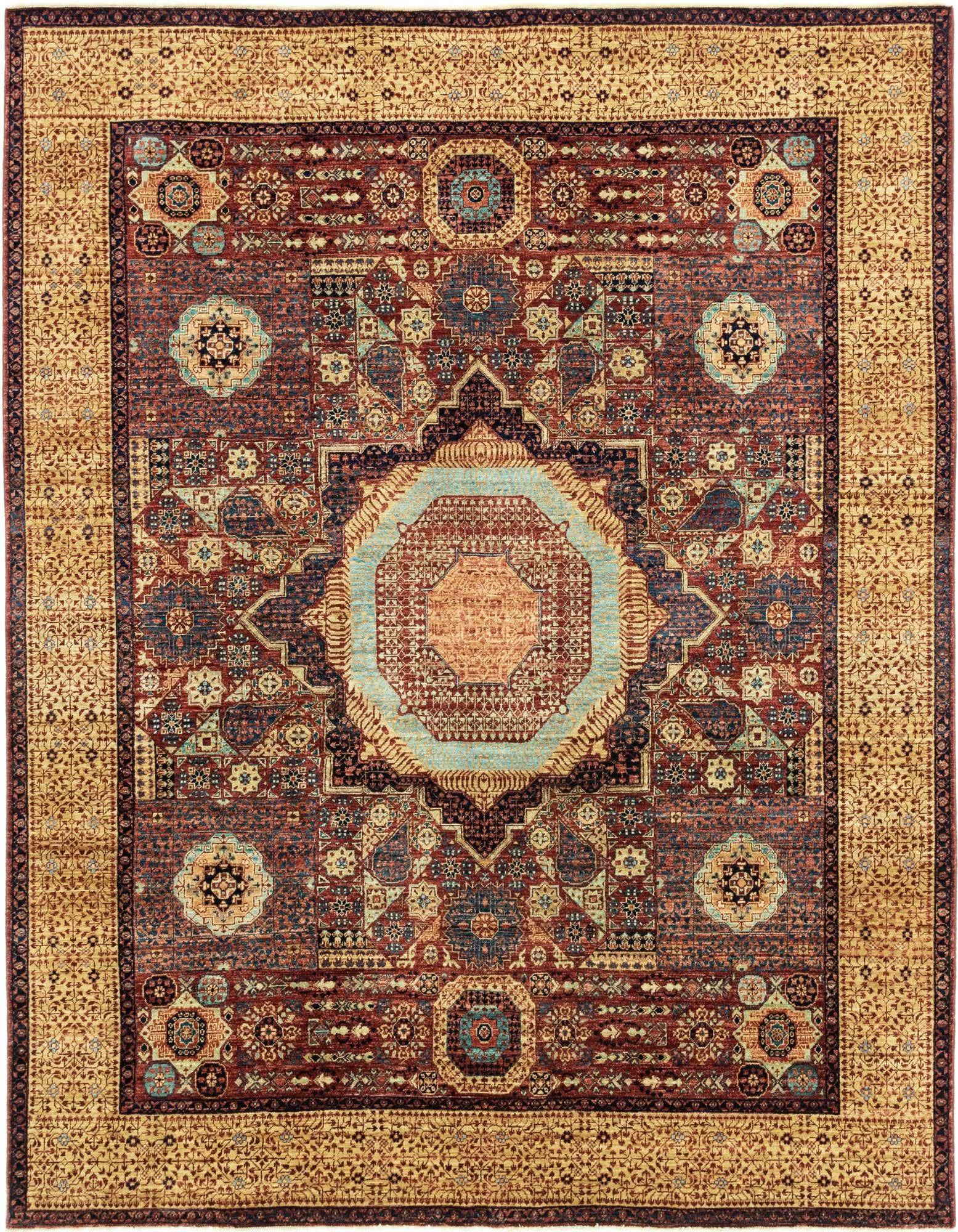 A 7x10 rectangular Mamluk Ziegler rug featuring a central medallion in blues and oranges, surrounded by intricate tribal patterns in reds and blues, with a wide golden-yellow border.
