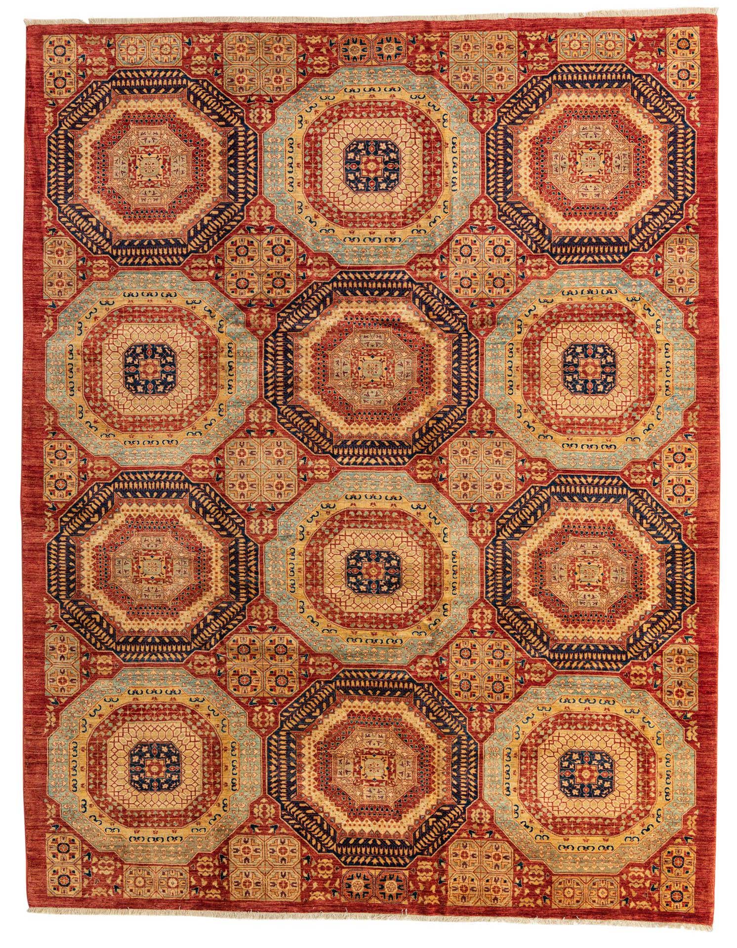 A rectangular 8x11 Mamluk Ziegler rug featuring a repeating pattern of octagonal medallions in red, navy, and light blue on a red background.