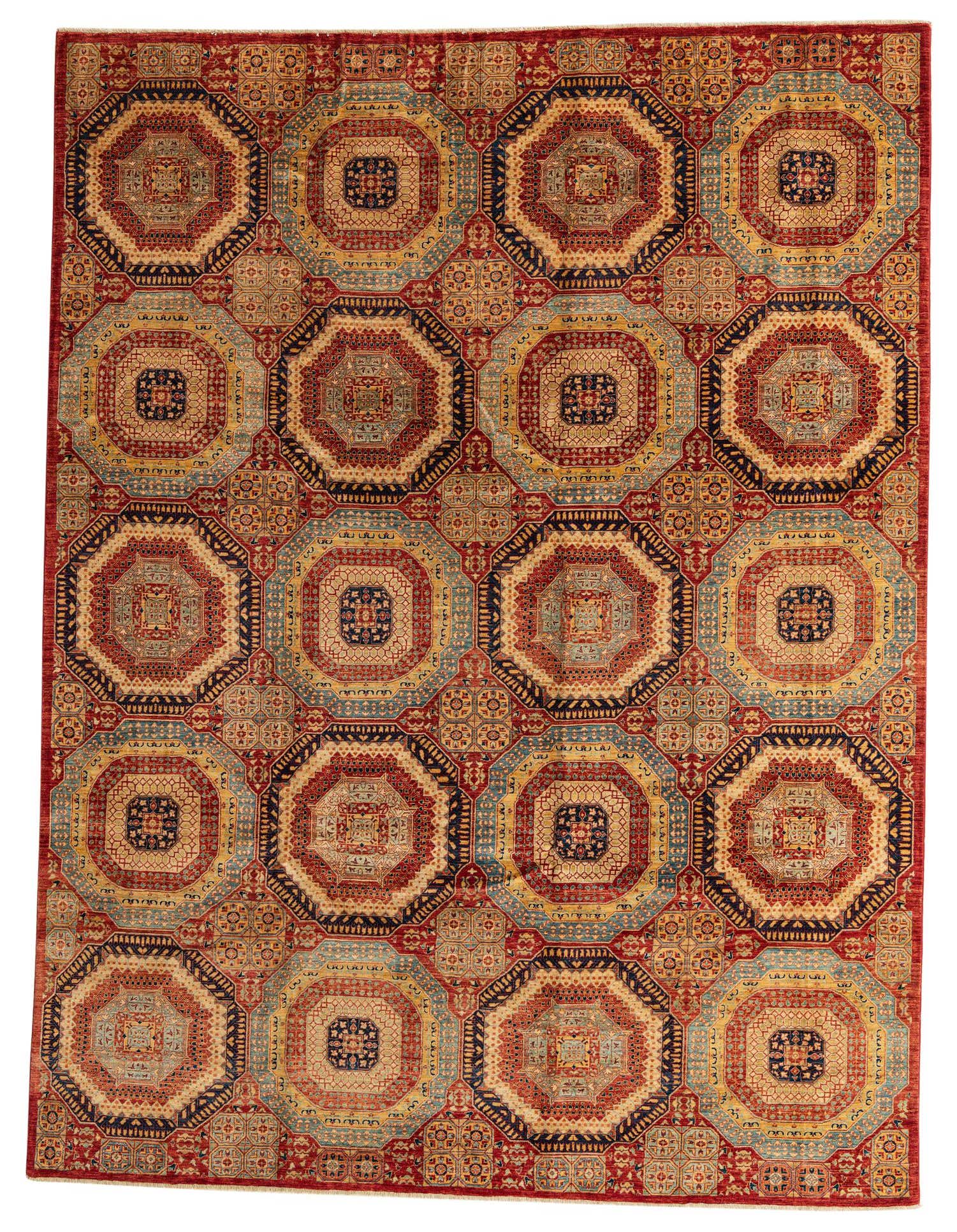 A 9x12 rectangular Mamluk Ziegler rug featuring an intricate pattern of octagonal medallions in reds, blues, and gold.