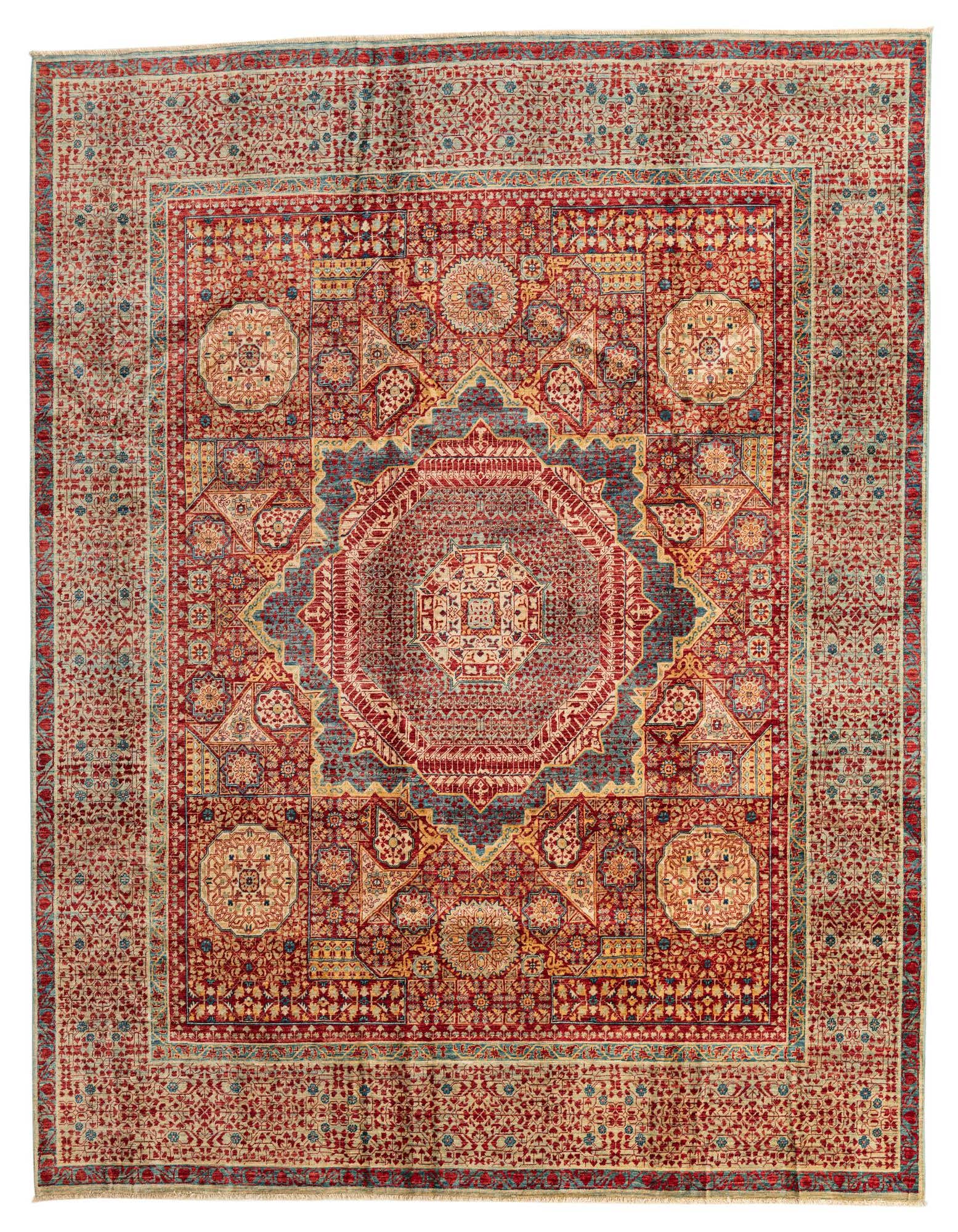 An 8x10 rectangular Mamluk Ziegler rug featuring a central medallion in deep reds, blues, and gold, surrounded by intricate traditional patterns and a multi-layered border.