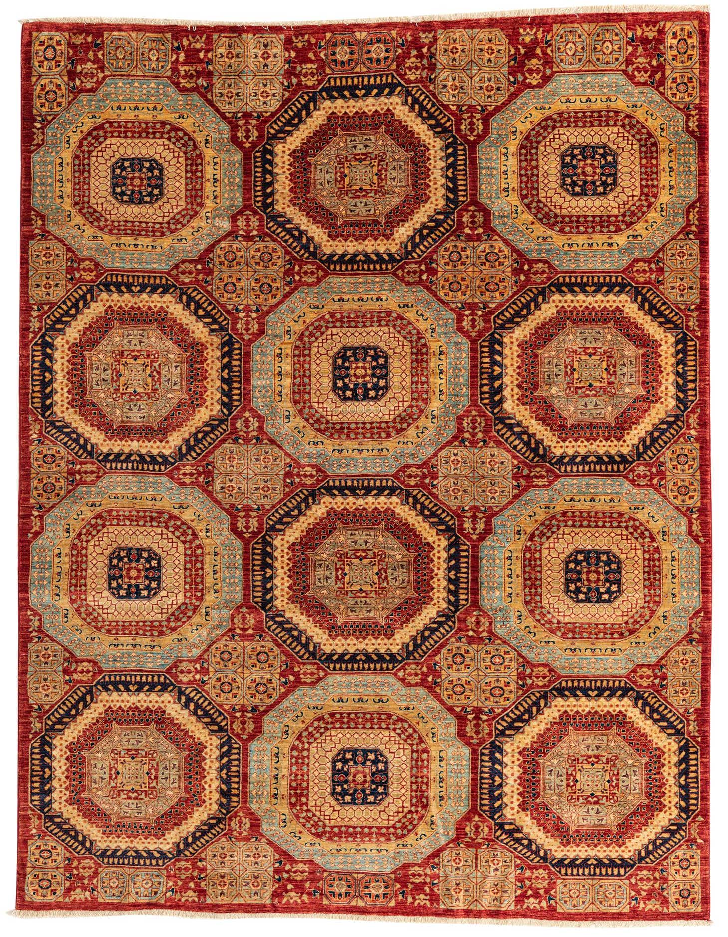 7x10 rectangular Mamluk Ziegler rug with a red background and repeating octagonal medallions in gold, light blue, and navy.