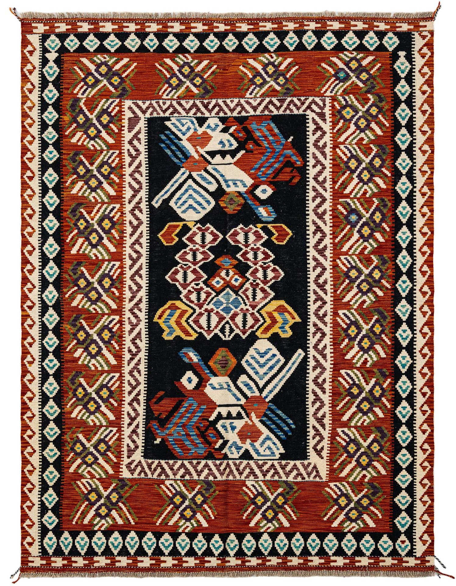 A rectangular Marok Kilim rug with a tribal Persian pattern in reds, black, and multi-colors, featuring a central black panel with stylized bird motifs.
