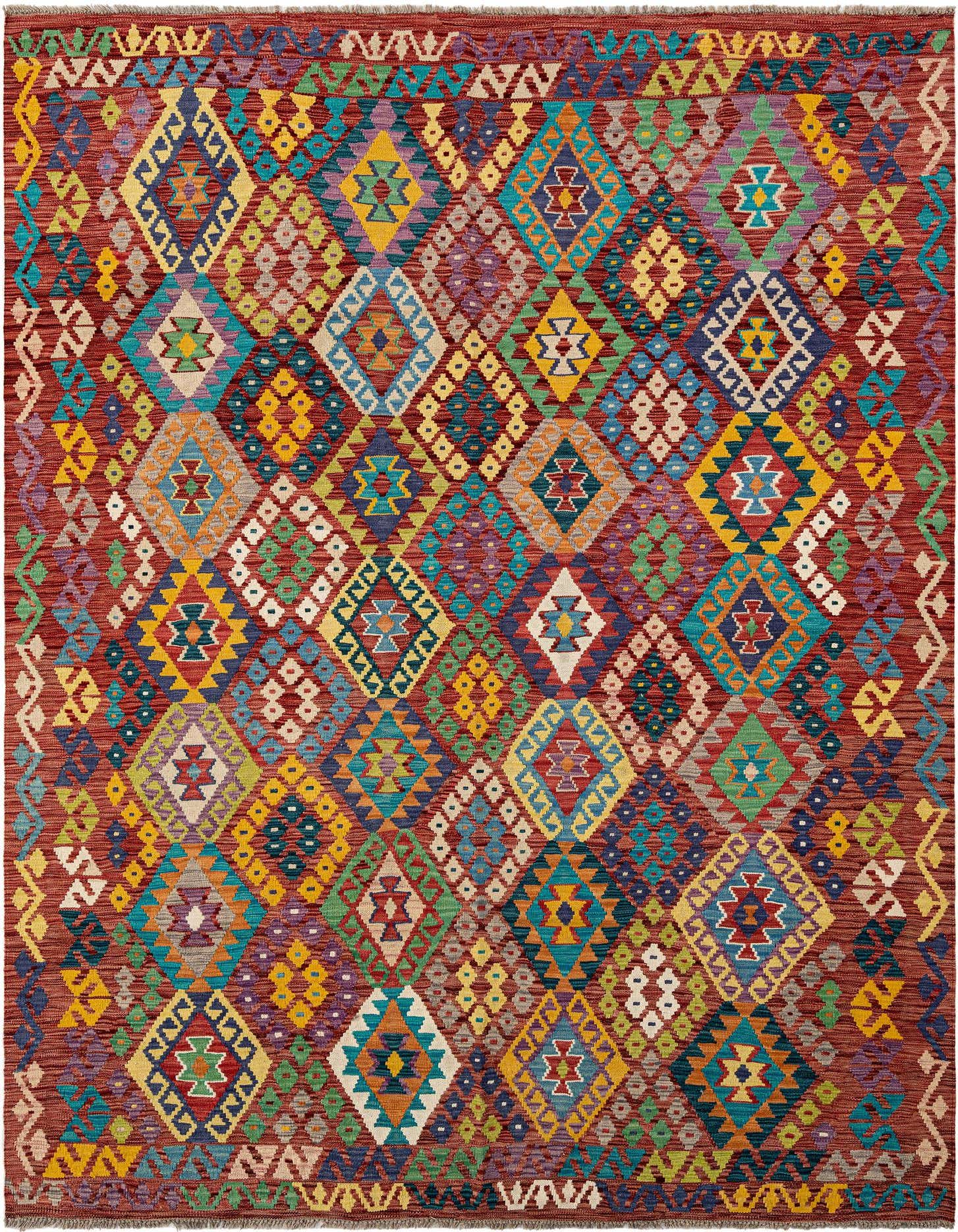 A vibrant rectangular Marok Kilim rug with a red base and a dense tribal pattern of colorful diamonds in blue, yellow, green, and purple.