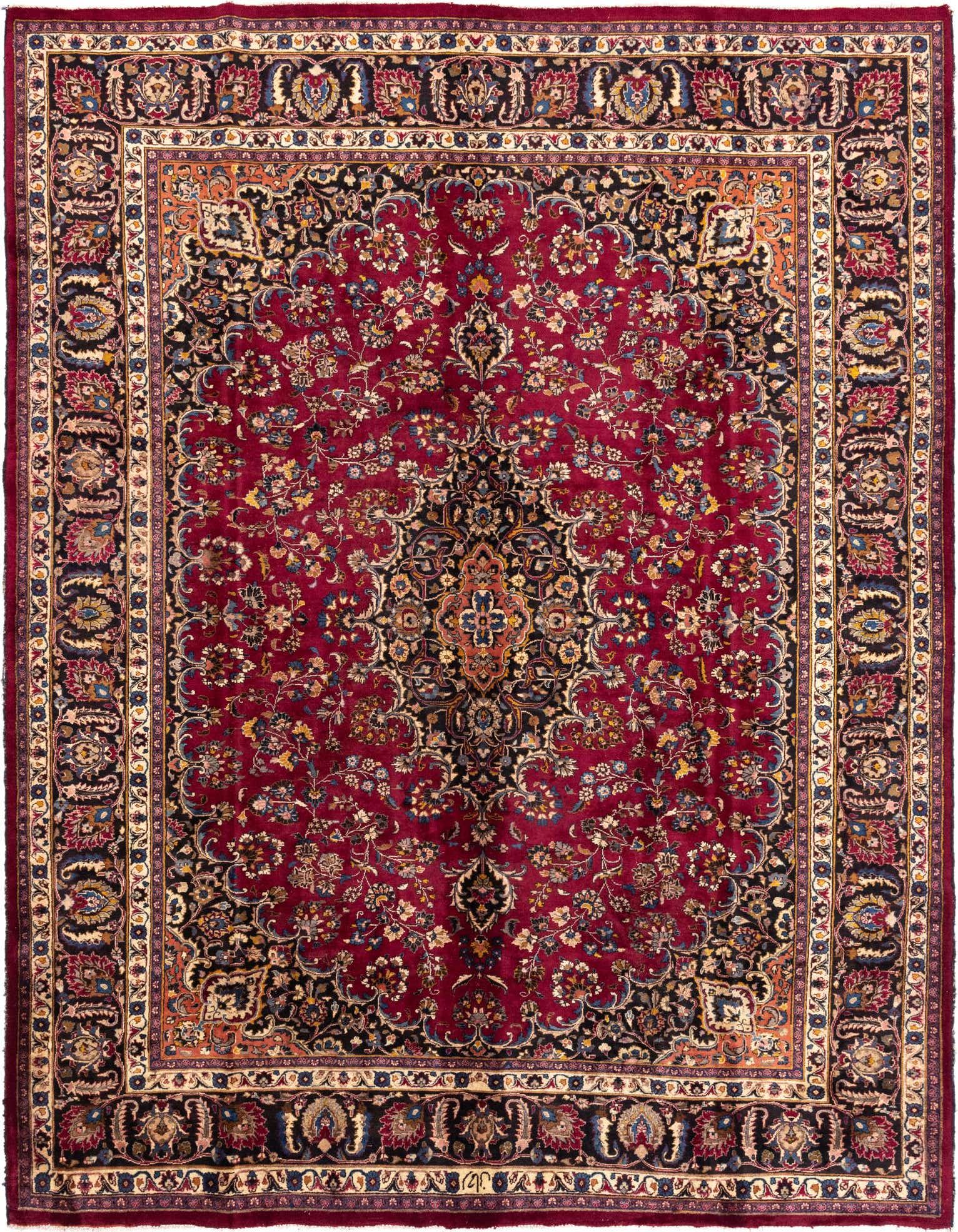 A 10x13 rectangular red Persian rug with a traditional medallion pattern and intricate floral details.