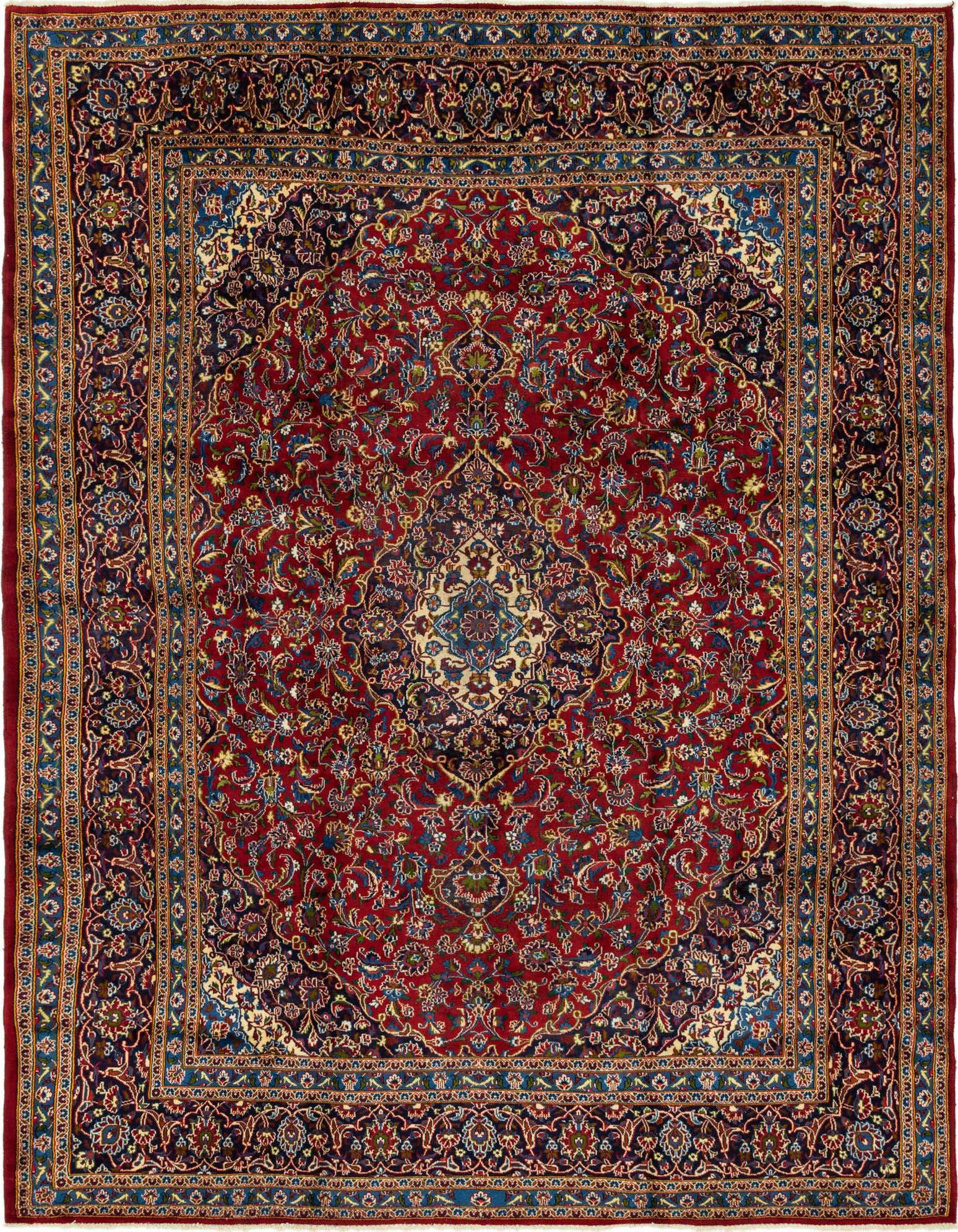 A 10x13 rectangular red Persian wool rug with a central medallion and intricate floral patterns.