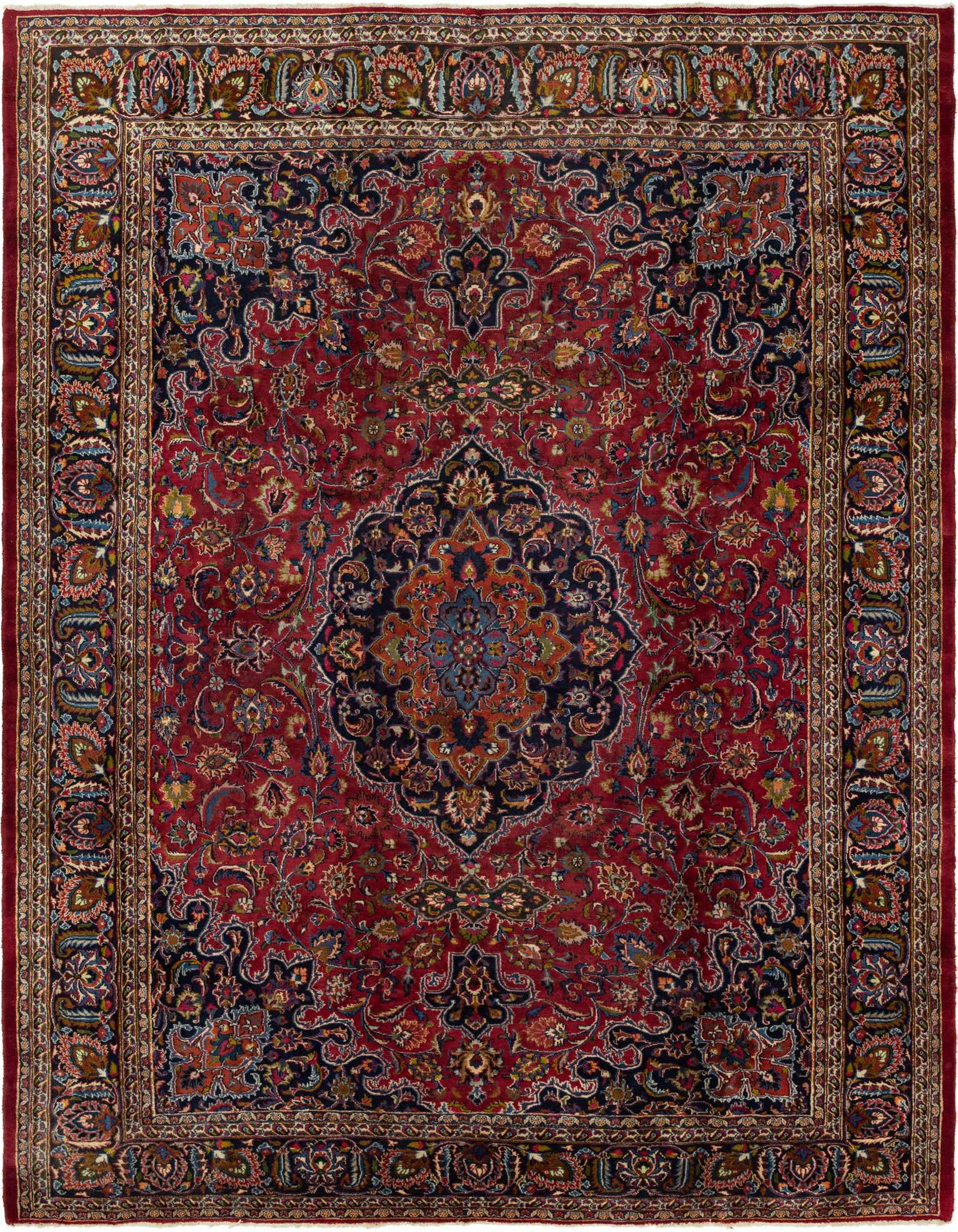 A 10x13 rectangular red wool rug with a traditional Persian botanical medallion pattern and intricate borders.