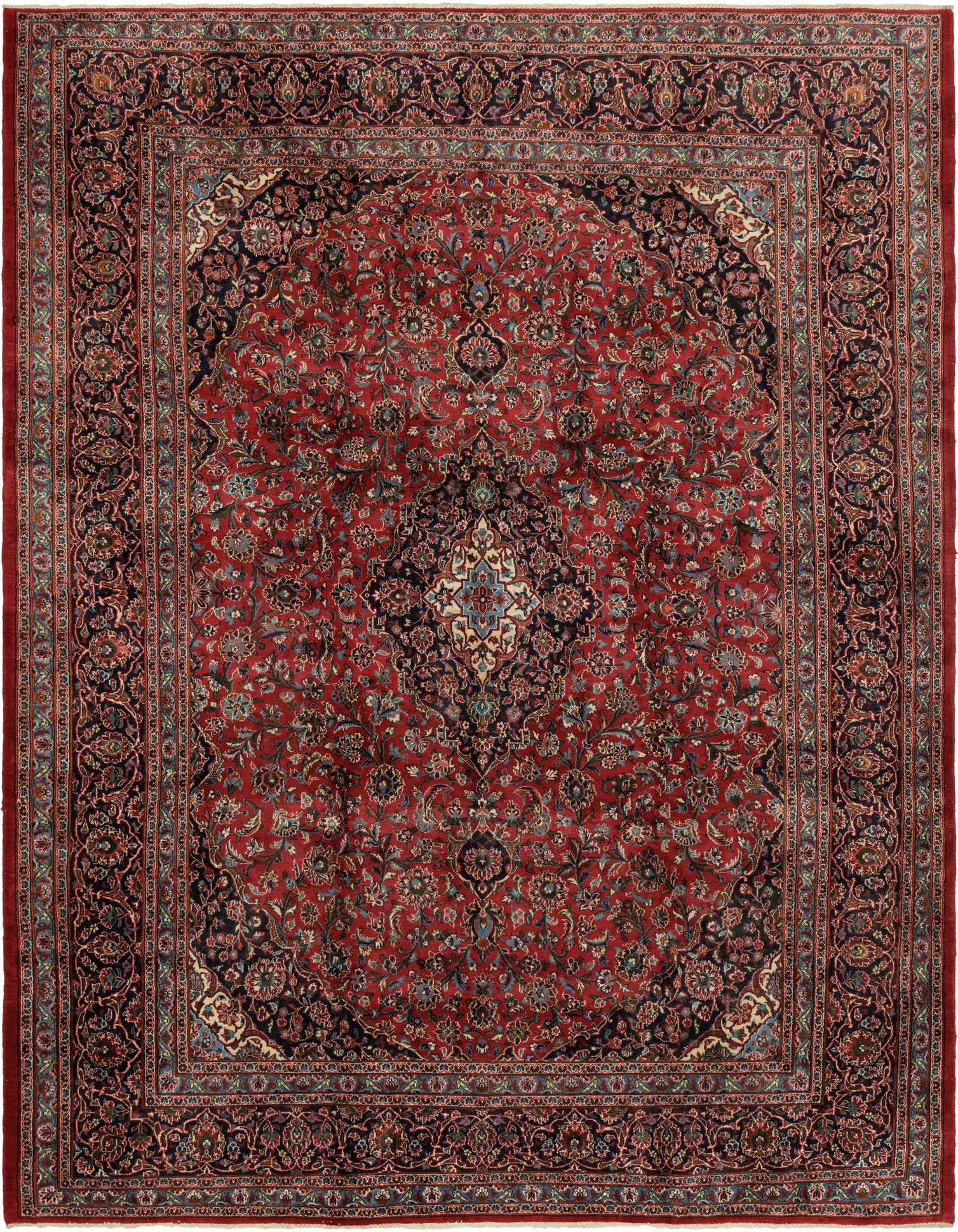 A 10x13 rectangular red Persian rug with an intricate medallion pattern and dark blue floral border.
