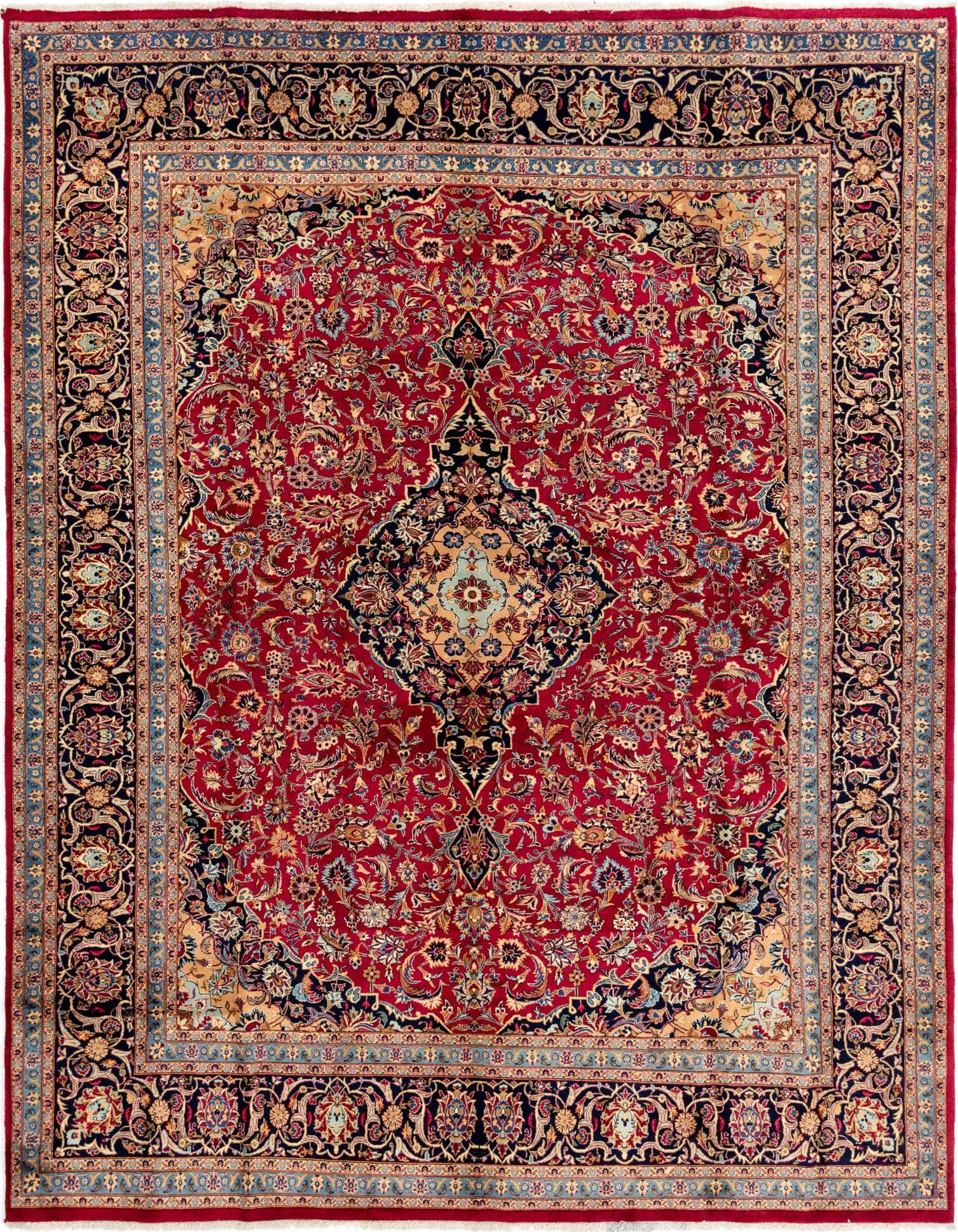A 10x13 rectangular red Persian rug with a central medallion and intricate floral patterns, perfect for a living room.