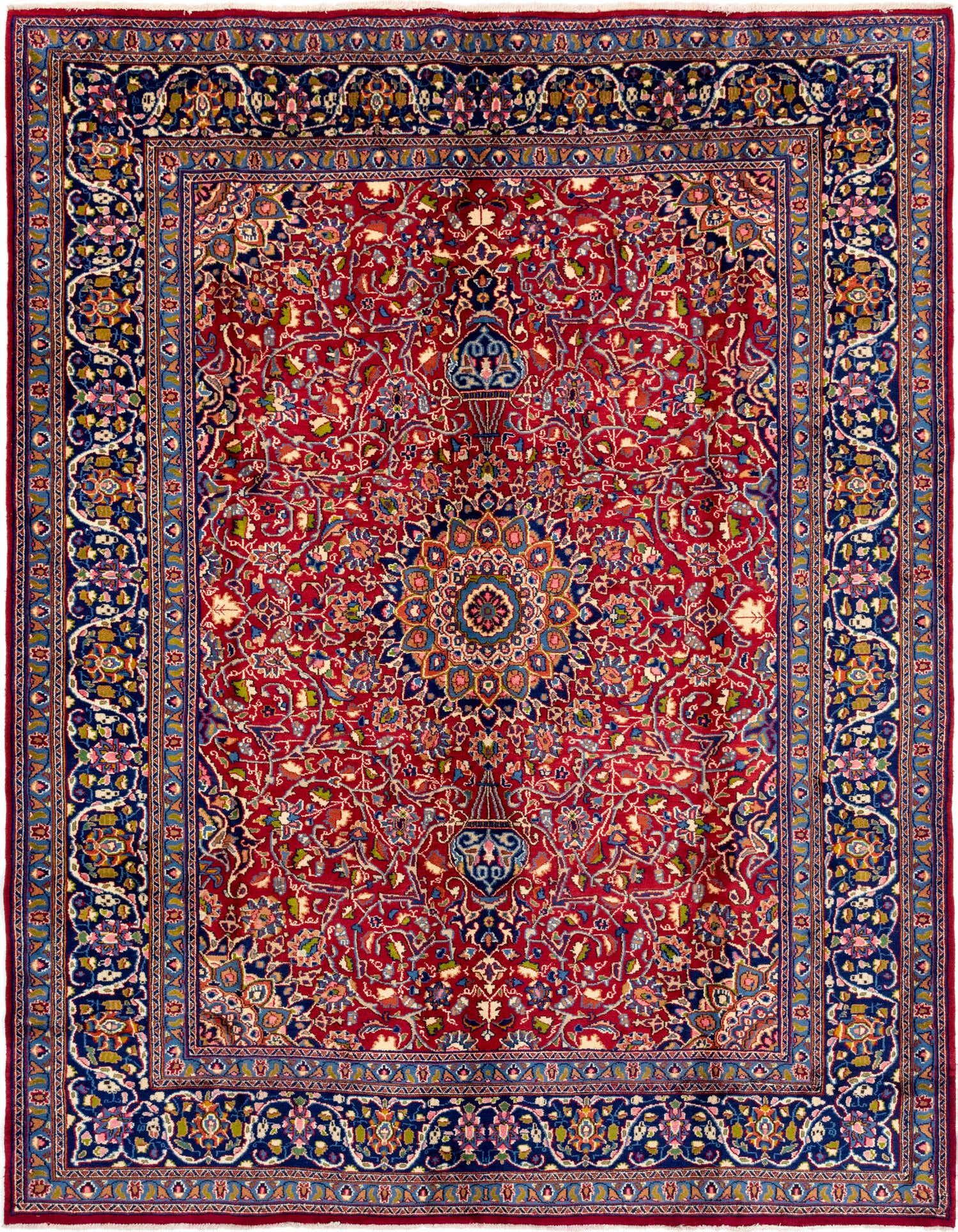 A large 10x13 rectangular red Persian rug with an intricate botanical medallion pattern and a dark blue border.