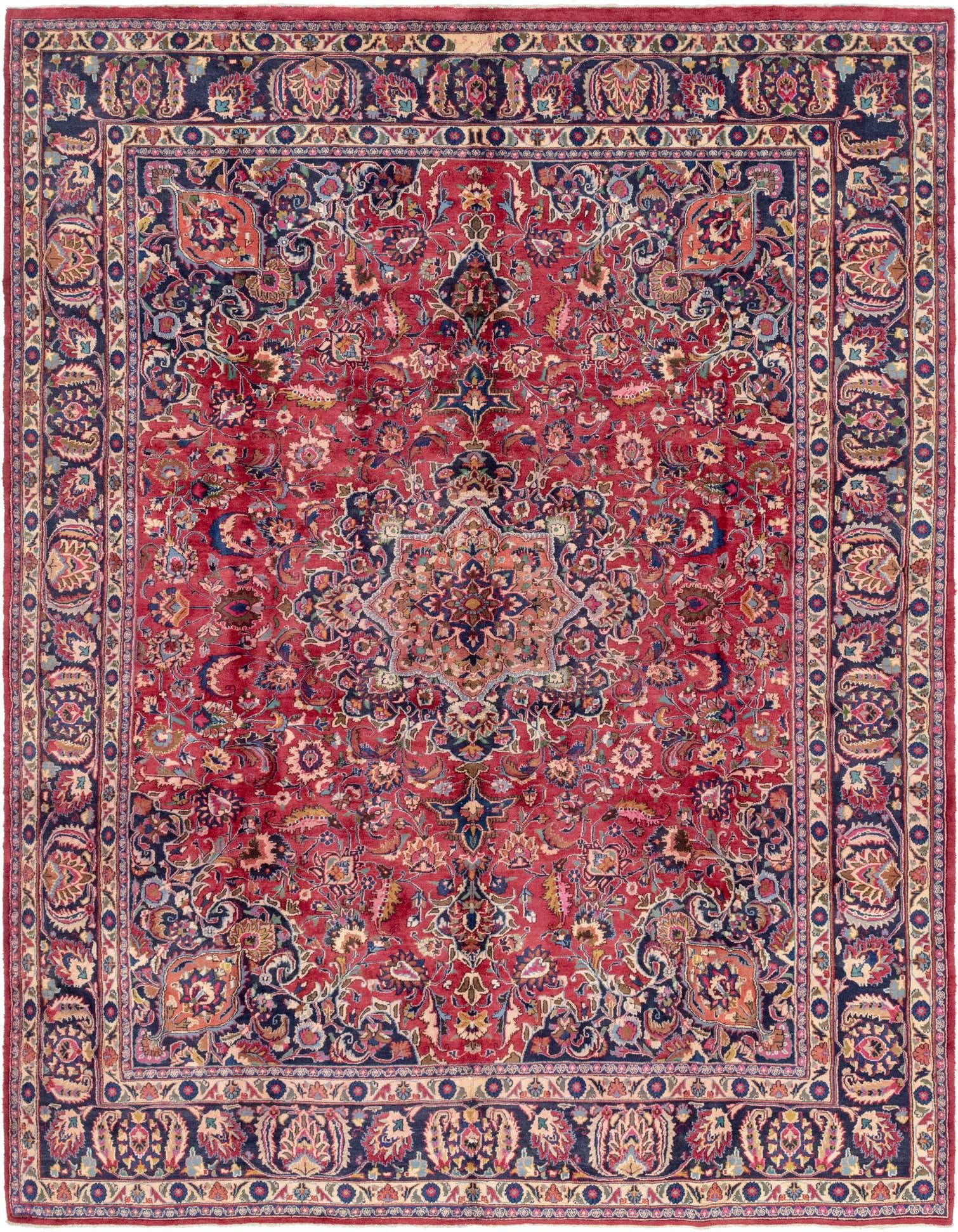A 10x13 rectangular red wool Persian rug with an intricate botanical medallion pattern and navy border.