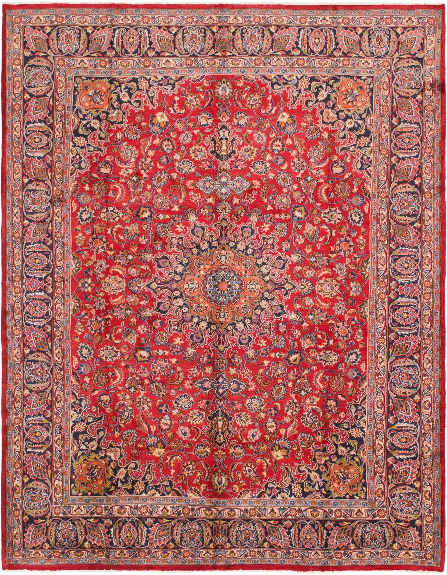 A 10x13 rectangular Mashad rug in deep red with intricate botanical and medallion patterns, perfect for a traditional living room.
