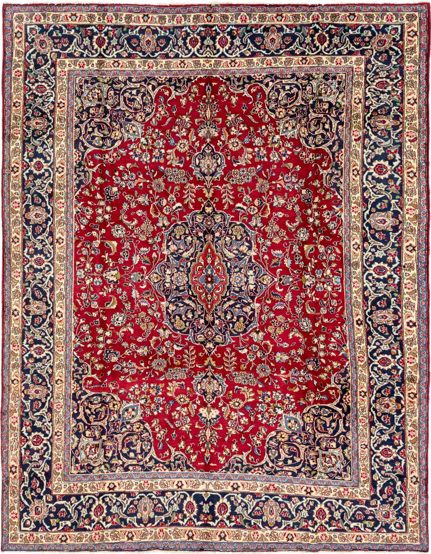 A rectangular 10x13 Mashad rug featuring a rich red field with intricate botanical and medallion patterns in navy, cream, and gold, perfect for a traditional living room.