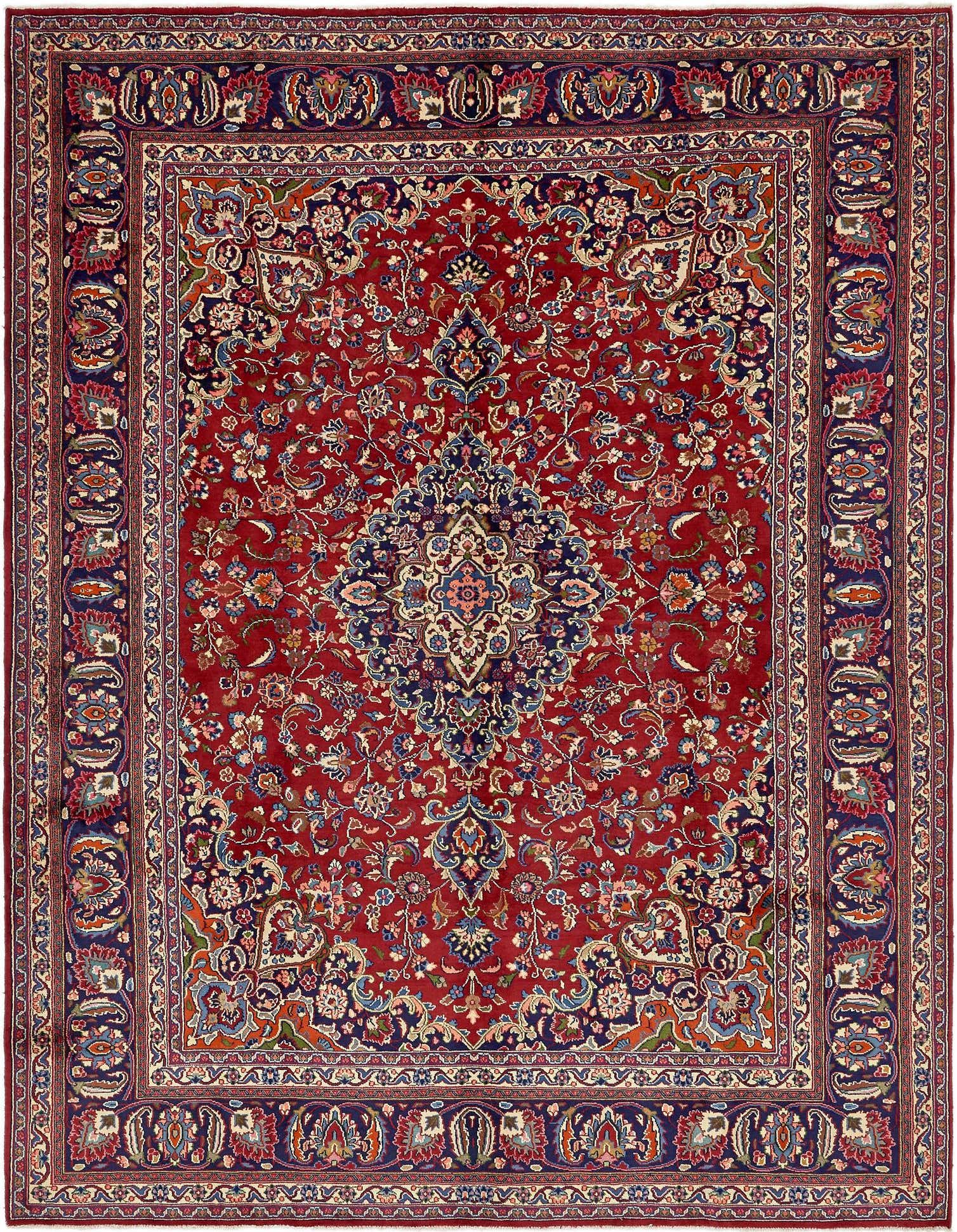 A 10x13 rectangular Mashad wool rug with a rich red field, intricate botanical patterns, and a central medallion in traditional Persian style.