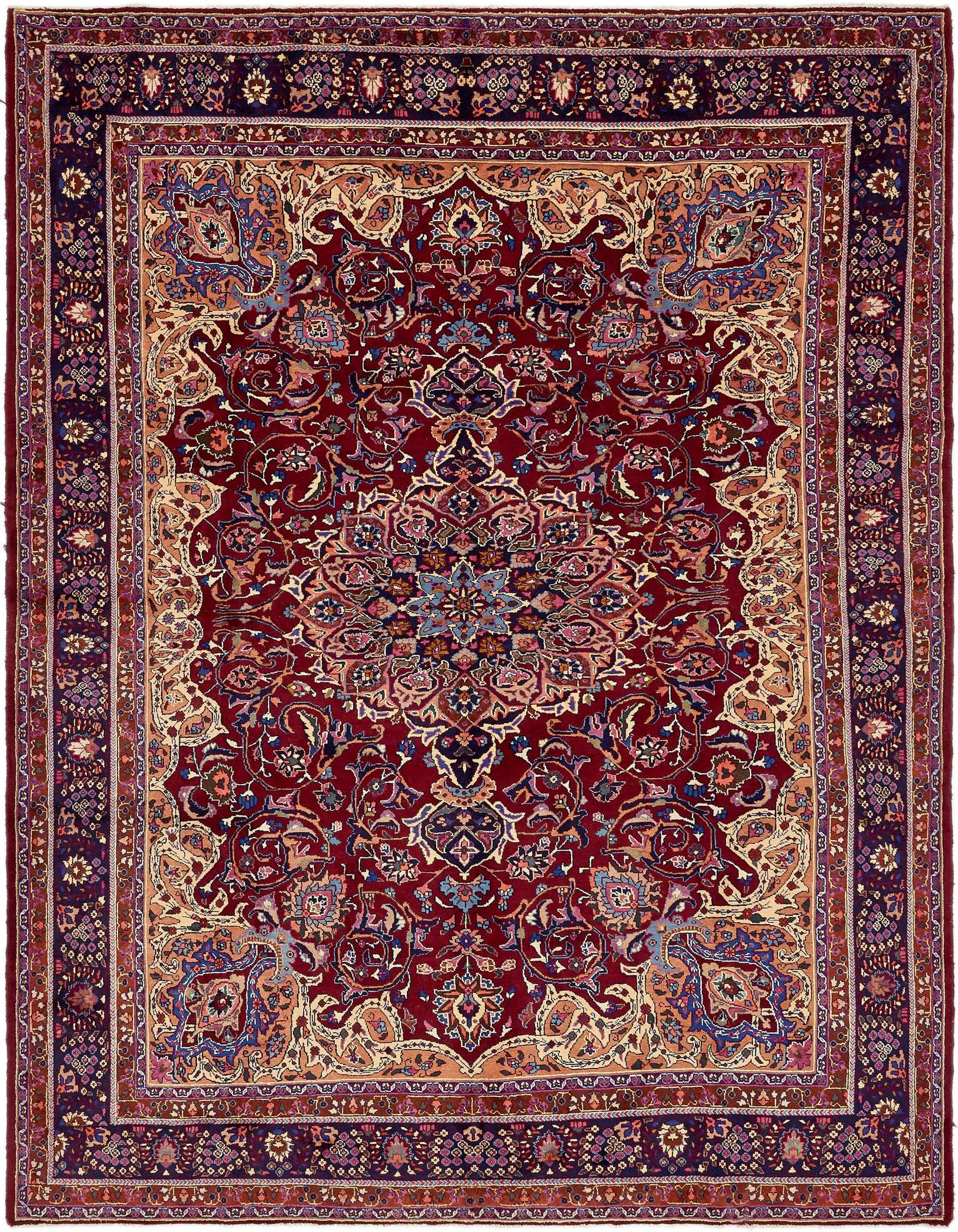 A 10x13 rectangular red wool rug with a traditional Persian botanical medallion pattern and intricate border.