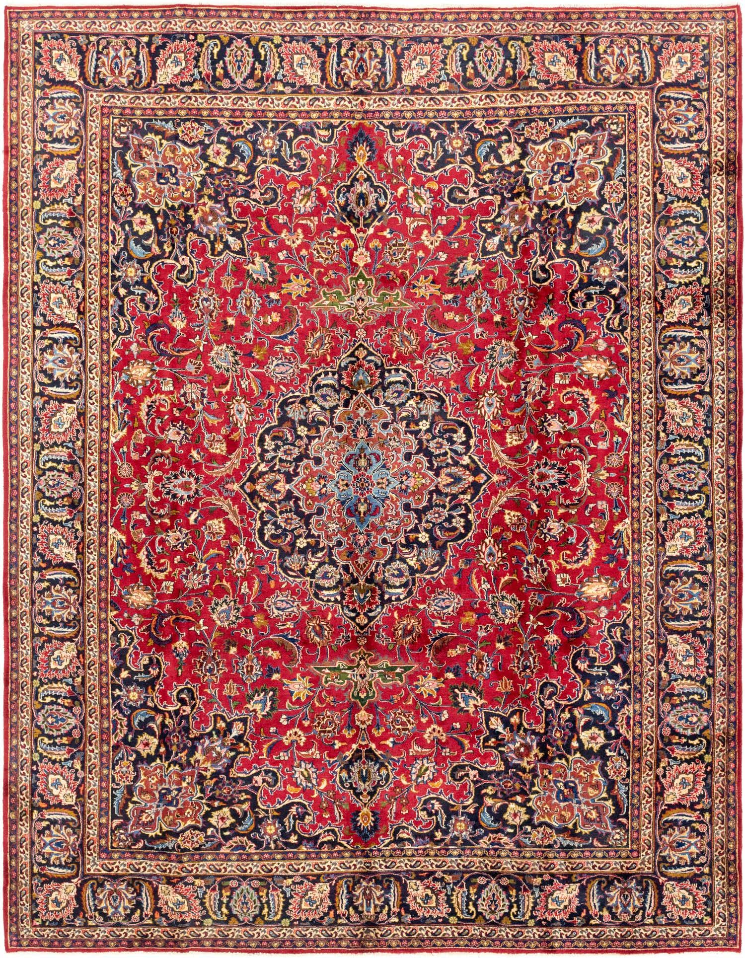 A large 10x13 rectangular red Persian rug with an intricate blue medallion and traditional floral patterns, ideal for a living room.