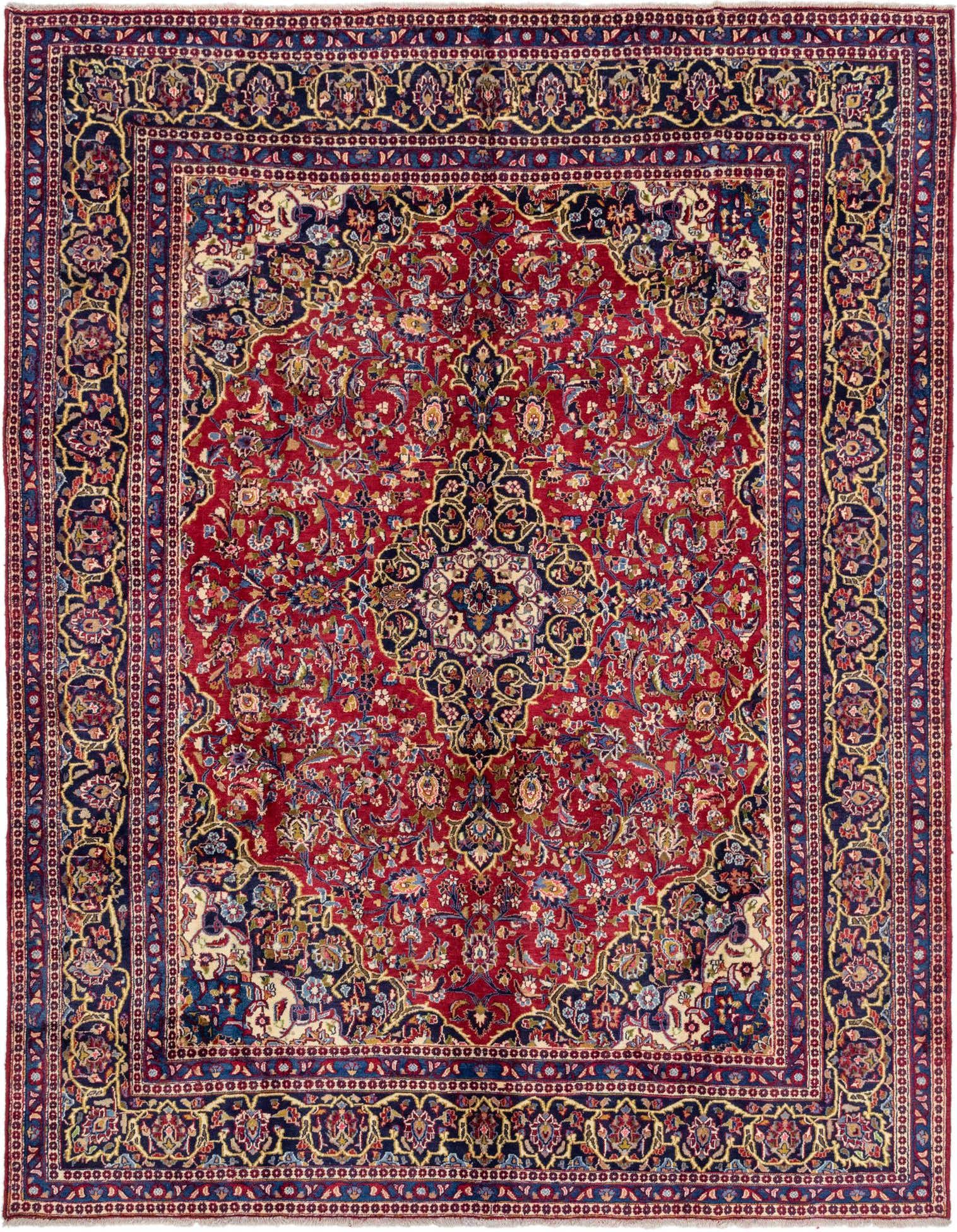 A 10x12 rectangular red Persian rug with a central medallion and intricate floral patterns in navy, gold, and cream.