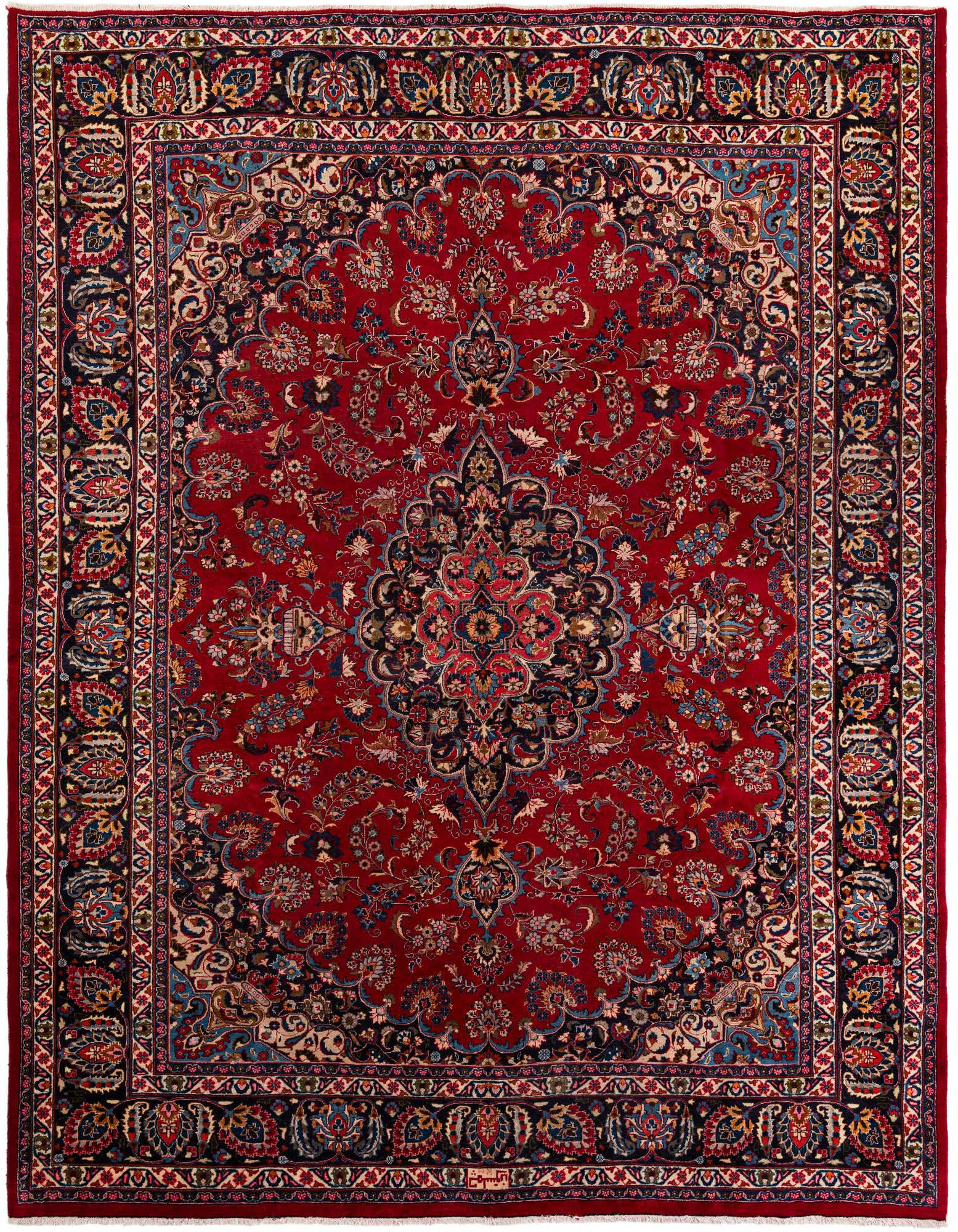 A large 10x12 rectangular Mashad rug featuring a detailed red medallion pattern with intricate floral motifs and a multi-bordered edge.