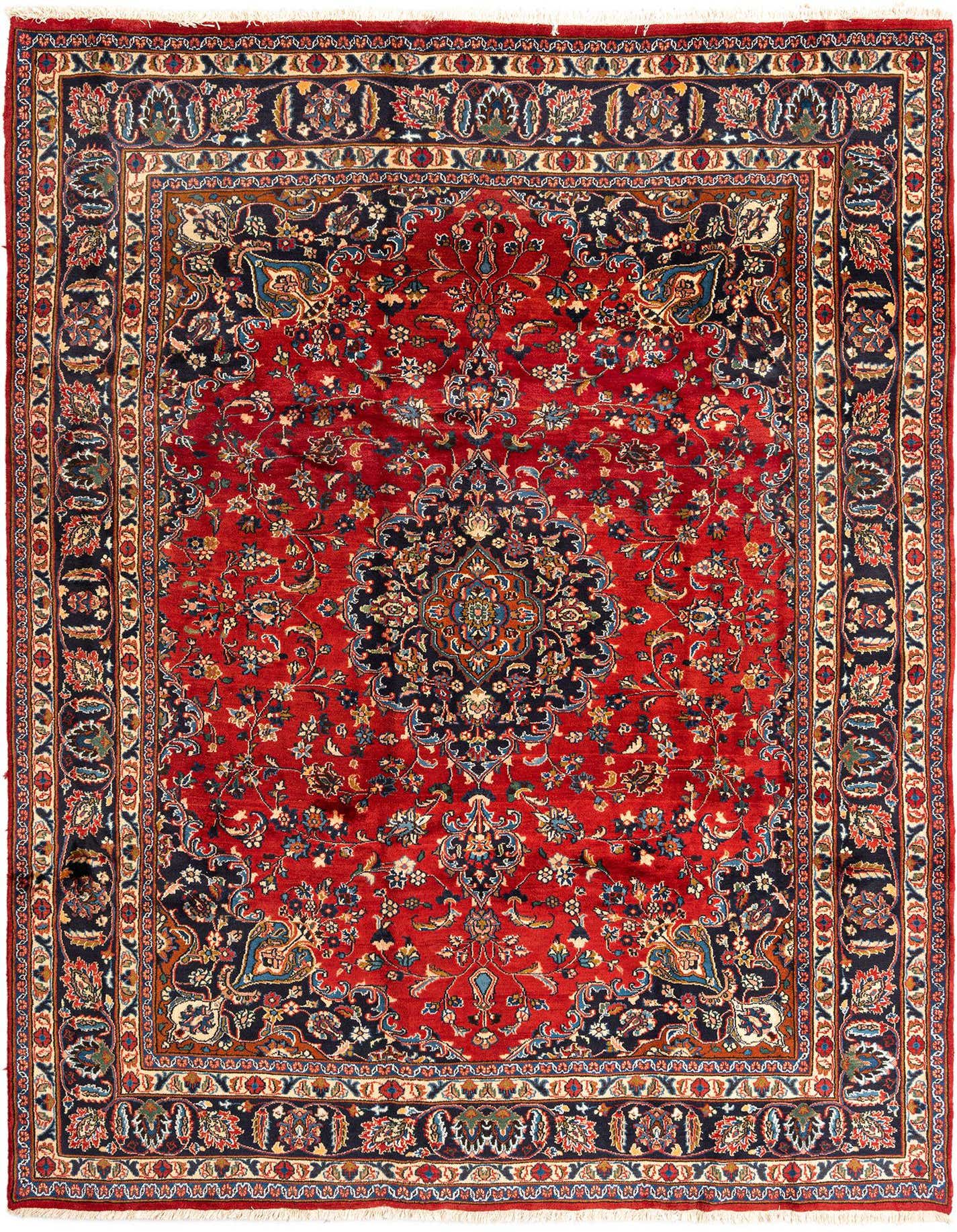 A luxurious 8x11 rectangular Persian rug with a rich red field and intricate navy, gold, and blue floral patterns.
