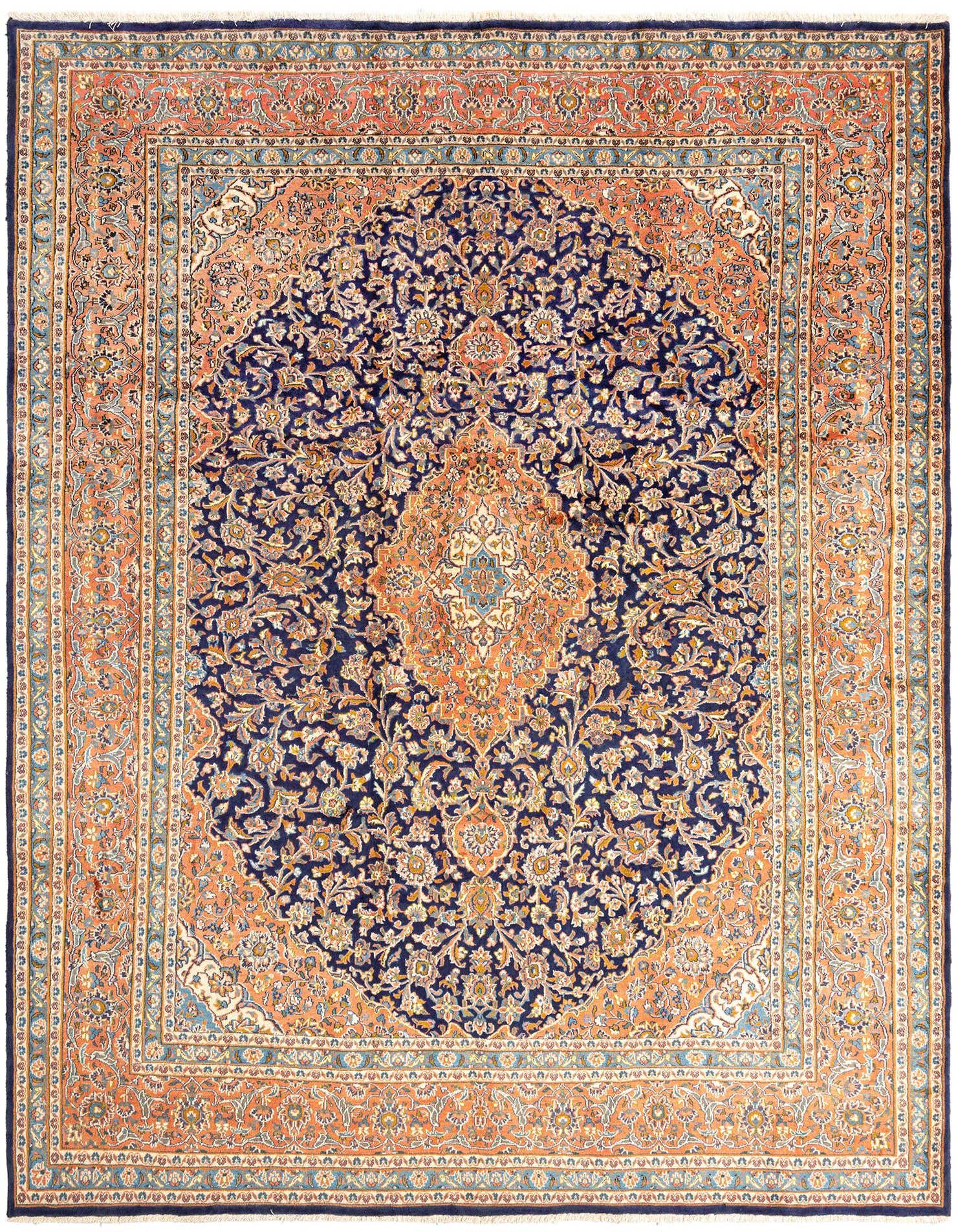 A large 10x13 rectangular Persian rug featuring a central navy medallion and intricate floral patterns on a red field.