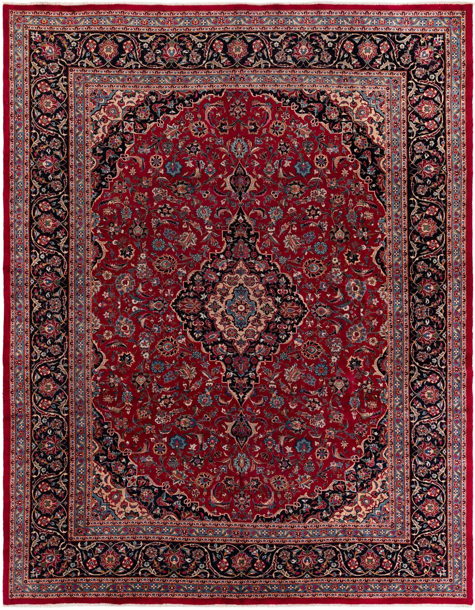 A 10x12 rectangular red Persian rug with a detailed black and red medallion pattern, featuring intricate floral motifs.