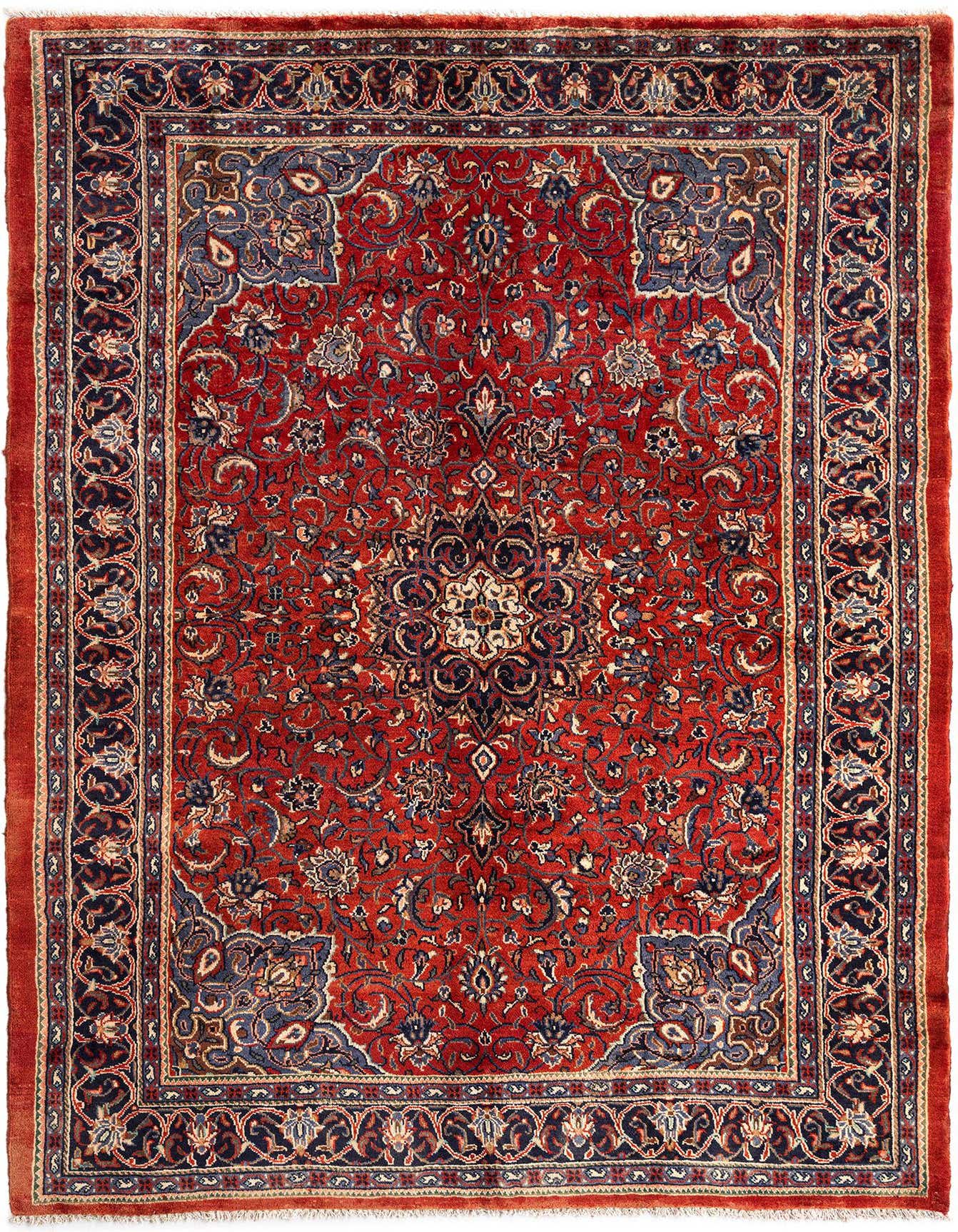 A 7x10 rectangular red Persian Mashad rug with an intricate floral medallion pattern and a dark blue border.