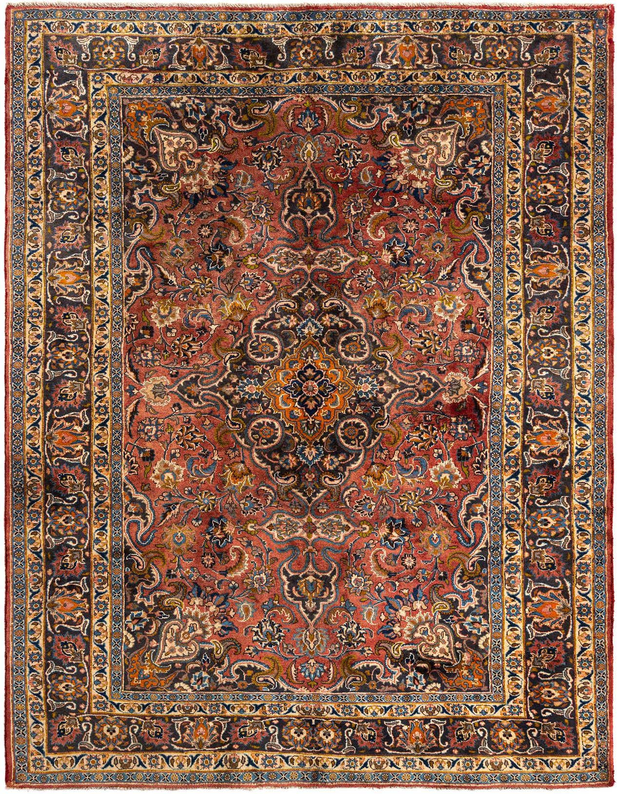 A 6x9 rectangular Mashad Persian rug with a red field, intricate floral patterns, and a dark blue border.