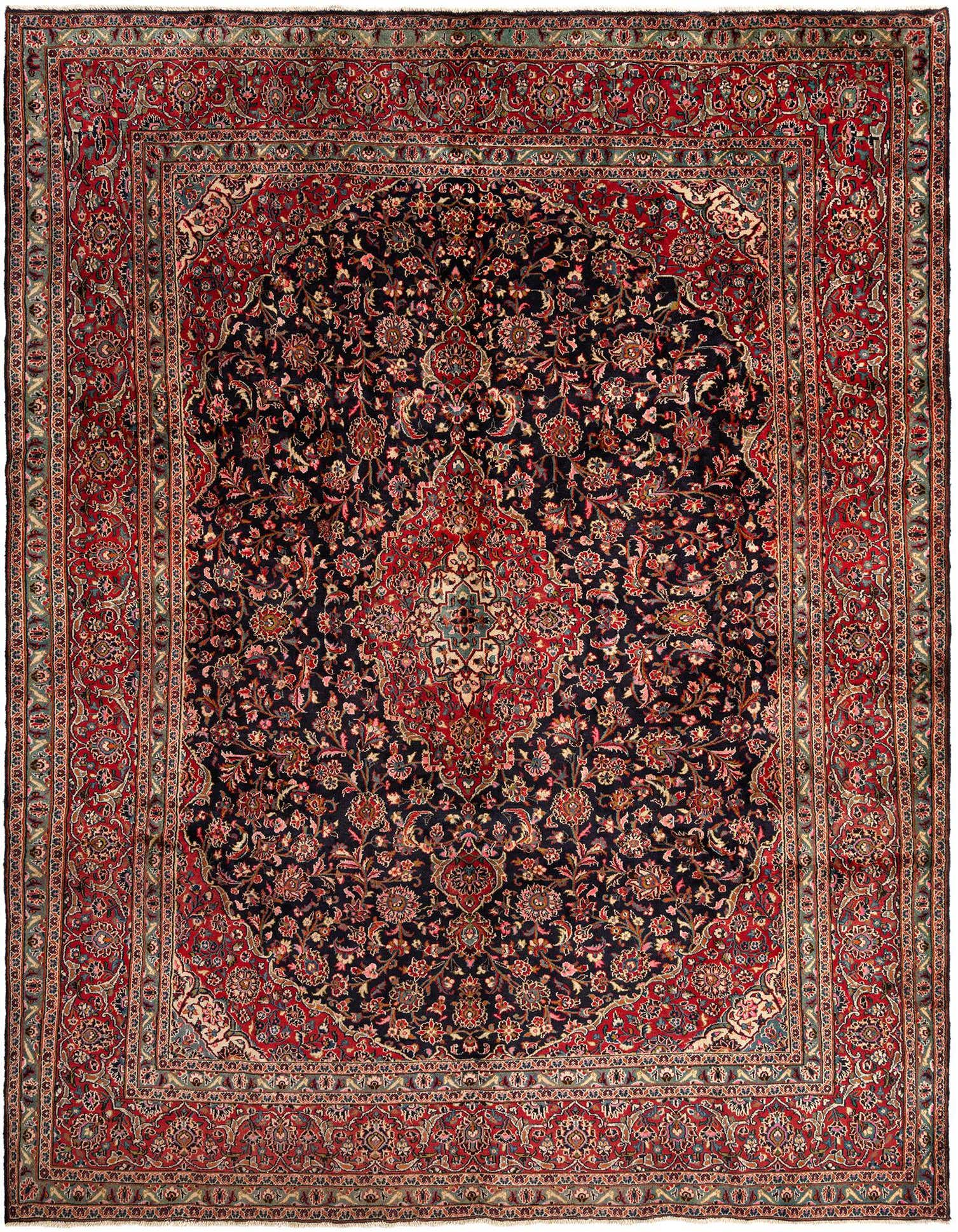 A 9x12 rectangular Mashad Persian rug with a deep red border and a navy blue field featuring intricate floral patterns.