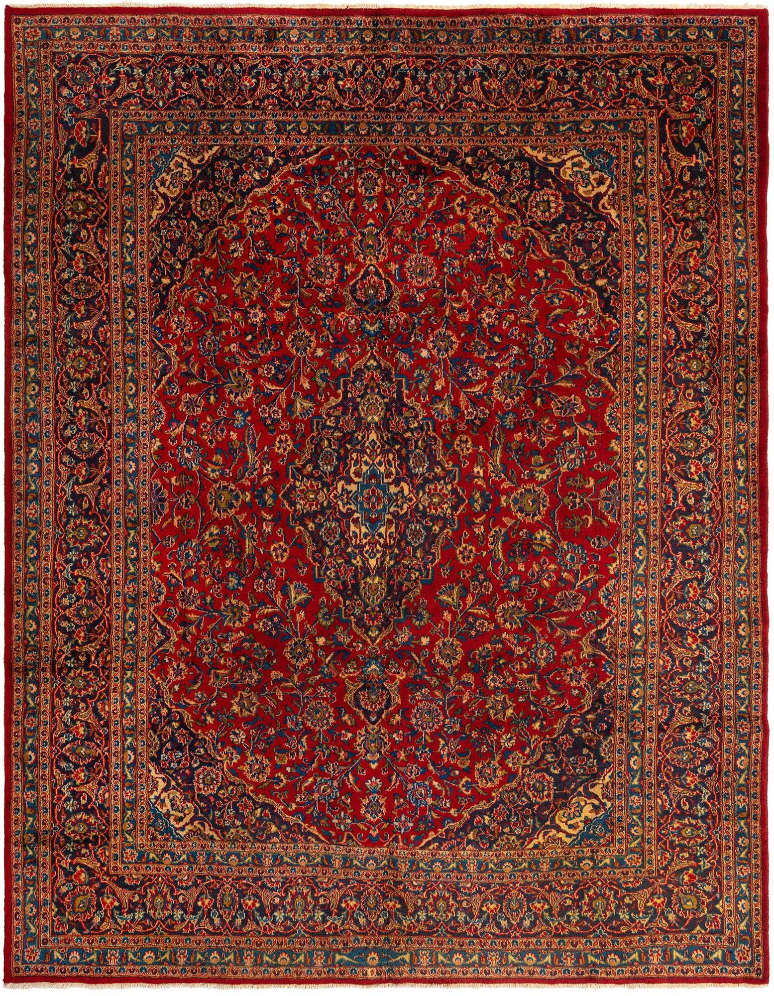 A 9x12 rectangular red Persian wool rug with intricate floral and medallion patterns, perfect for a living room.