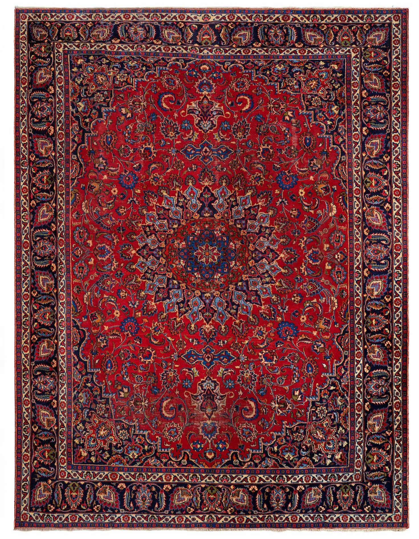 A 10x13 rectangular red Persian rug with an intricate floral medallion pattern and a dark blue border.