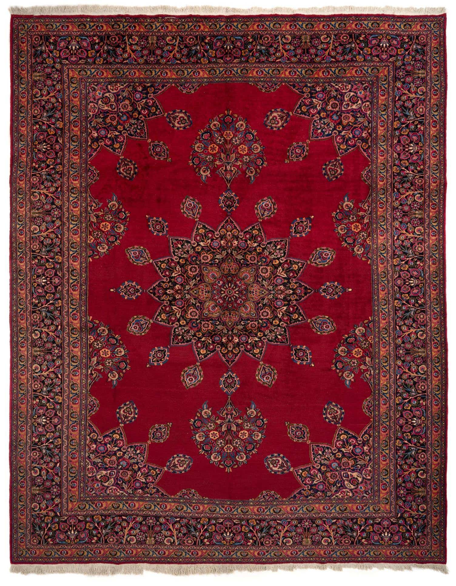 A large 10x14 rectangular red Persian rug with an intricate central medallion and floral border.