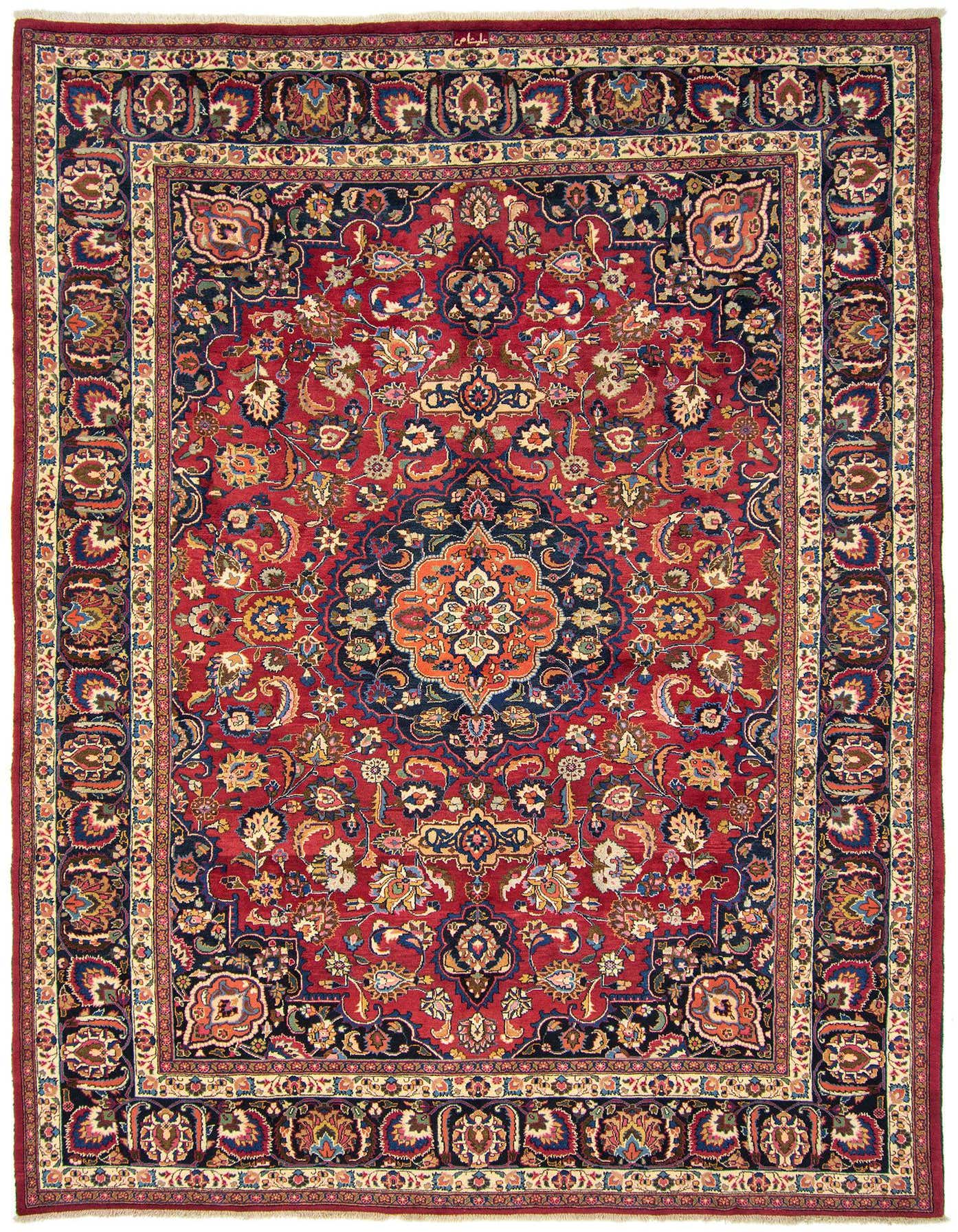 A rectangular 8x11 red Persian rug with an intricate floral medallion pattern and a detailed border, perfect for a living room.