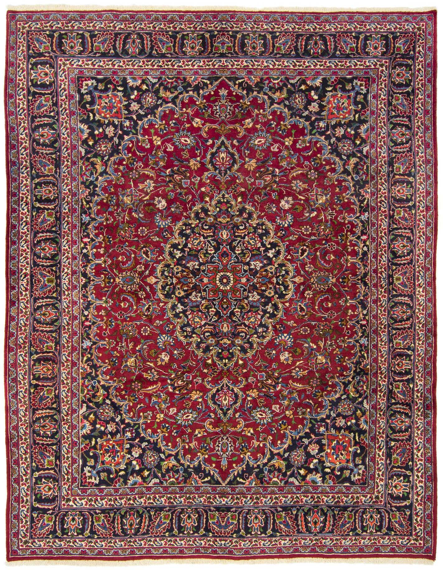 An 8x11 rectangular red Persian rug with a detailed floral medallion and intricate border, handmade from wool.