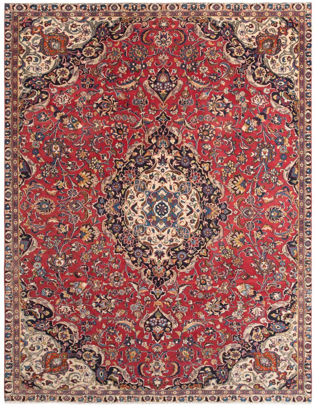 A 7x10 rectangular Mashad rug with a traditional red field, intricate floral patterns, and a central medallion.