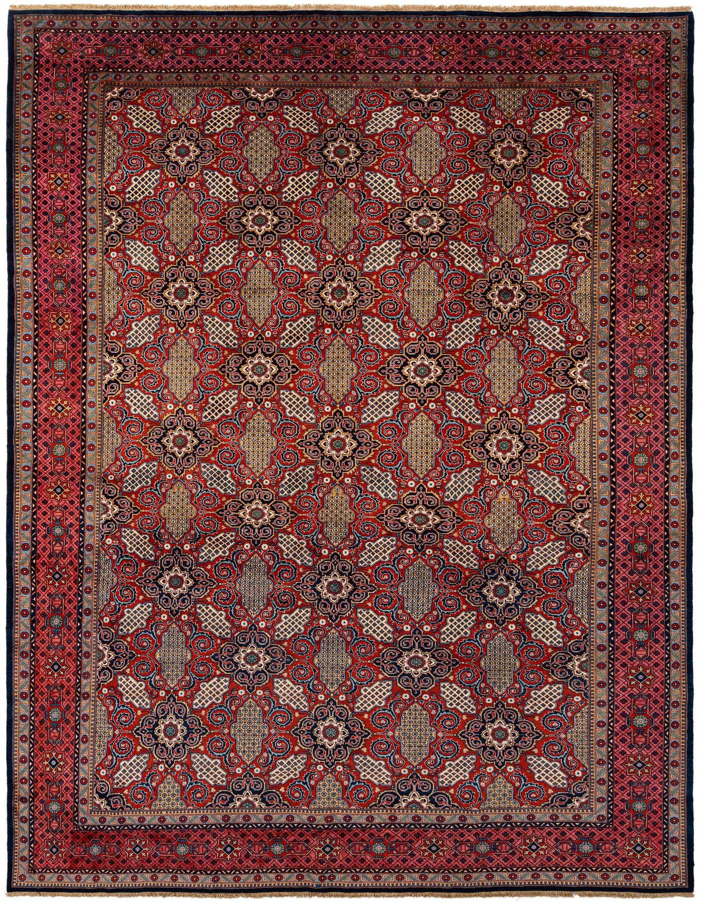 A 10x13 rectangular red wool rug with an intricate traditional pattern, featuring a central field of repeating floral and medallion motifs, framed by a detailed border.