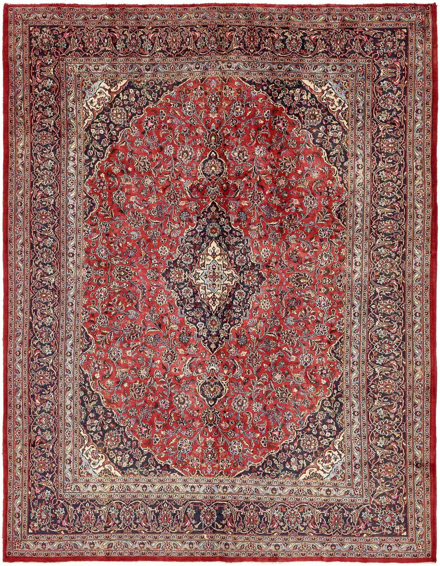 A large 10x13 rectangular red Persian rug with an intricate botanical medallion pattern and dark border.