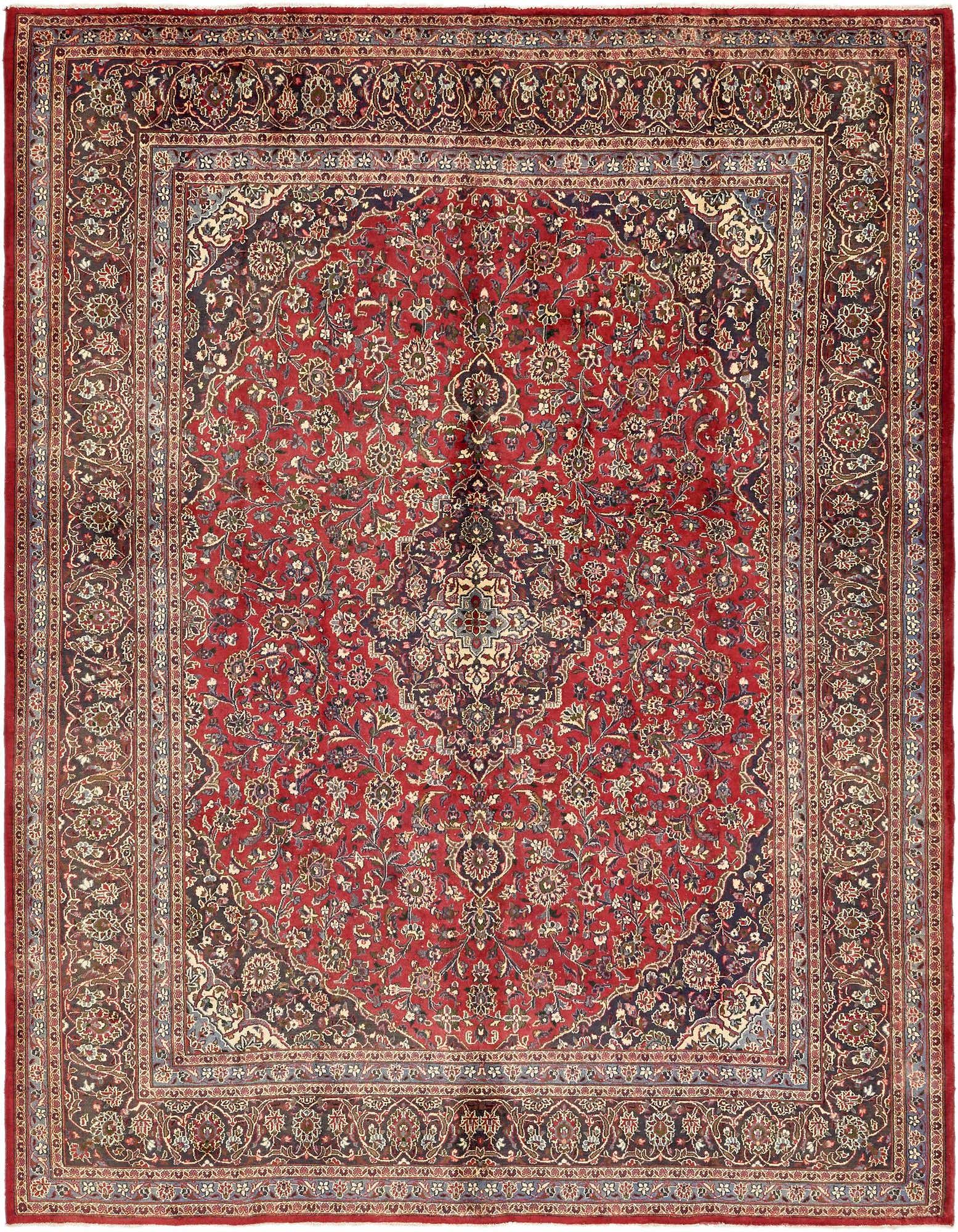 A 10x13 rectangular red Persian wool rug with a central medallion and intricate botanical patterns, ideal for a living room.